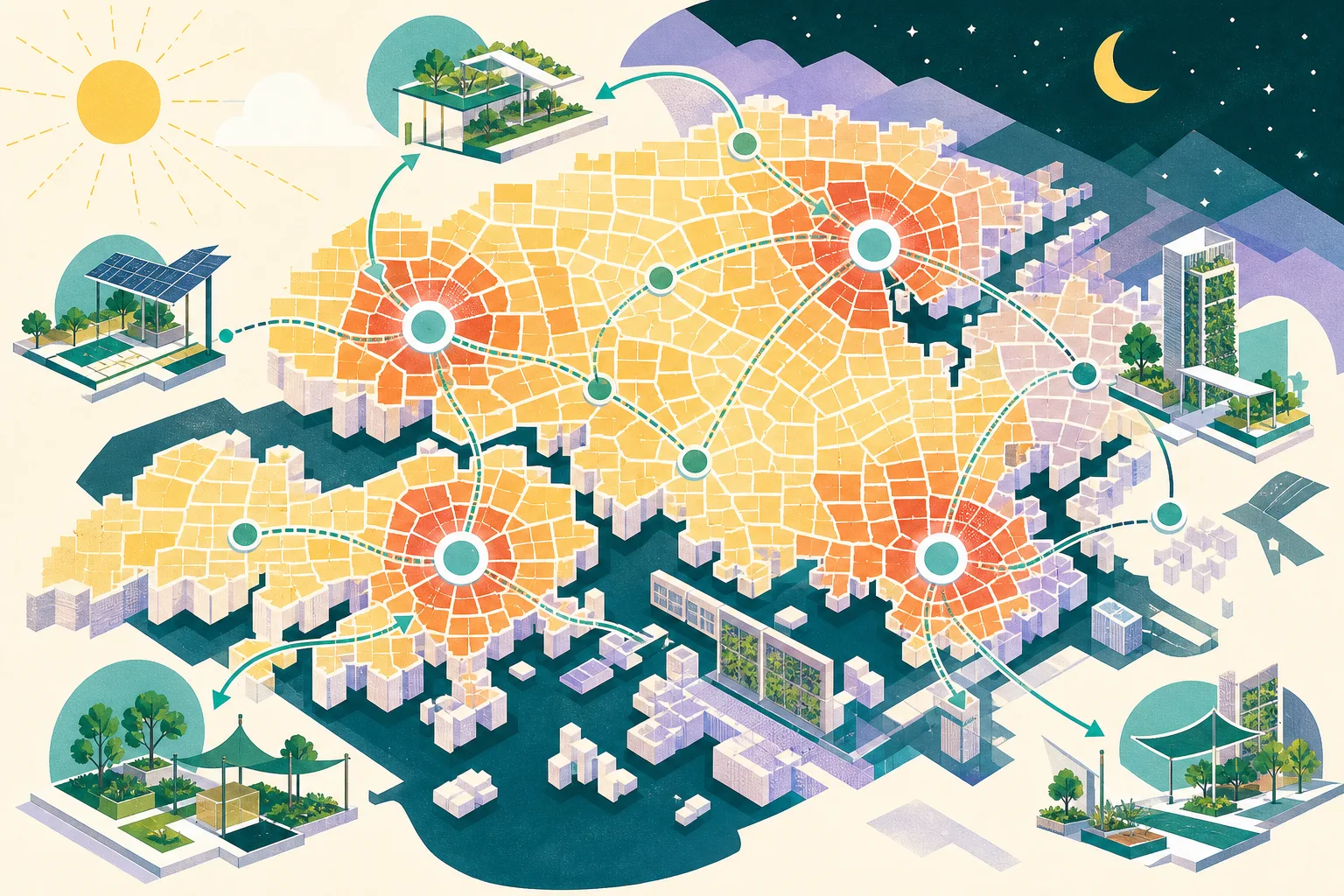 Diagrammatic illustration of a fine urban constituency grid with four warm-toned risk clusters, a day-to-night colour transition, and a small network of blue-green cooling nodes and shaded strips.