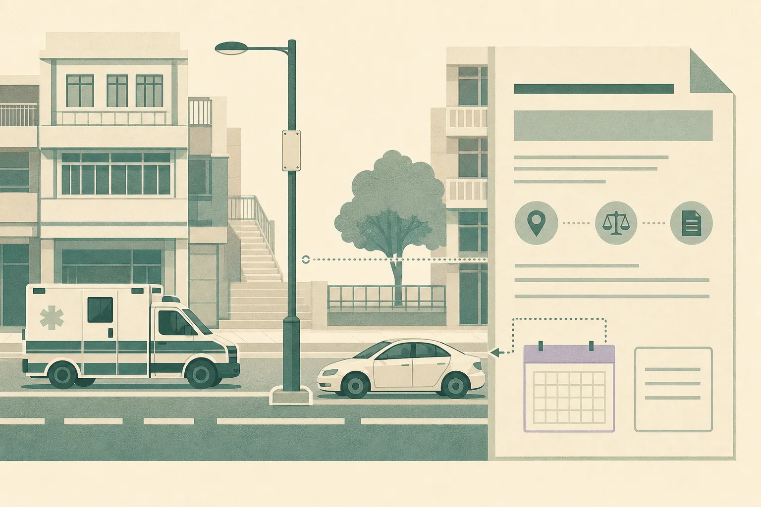 A cut-paper civic collage shows a simplified road with a K9524 lamp-post marker, a separated ambulance and private car, and a court-process document panel with a 26 February 2027 calendar mark.