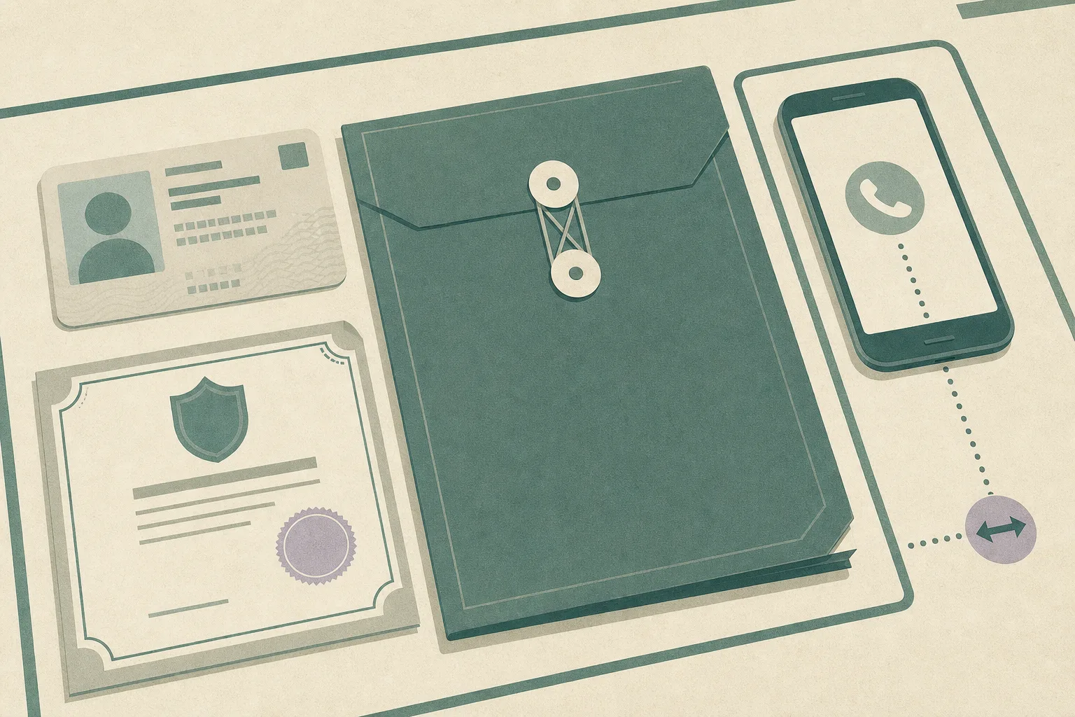 A close-up cut-paper still life on a neutral surface: blank identification-style cards, a sealed document folder and a phone sit in separate geometric zones, while a thin transfer line stops before reaching a small outlined symbol.