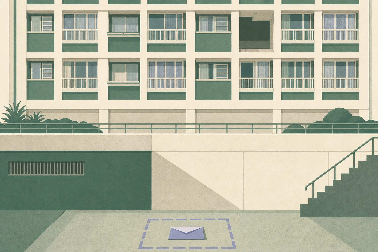 A restrained cut-paper illustration of a simplified private housing estate facade, with repeating balconies and windows, one interrupted section, a lower platform area and a small sealed document inside a simple boundary.