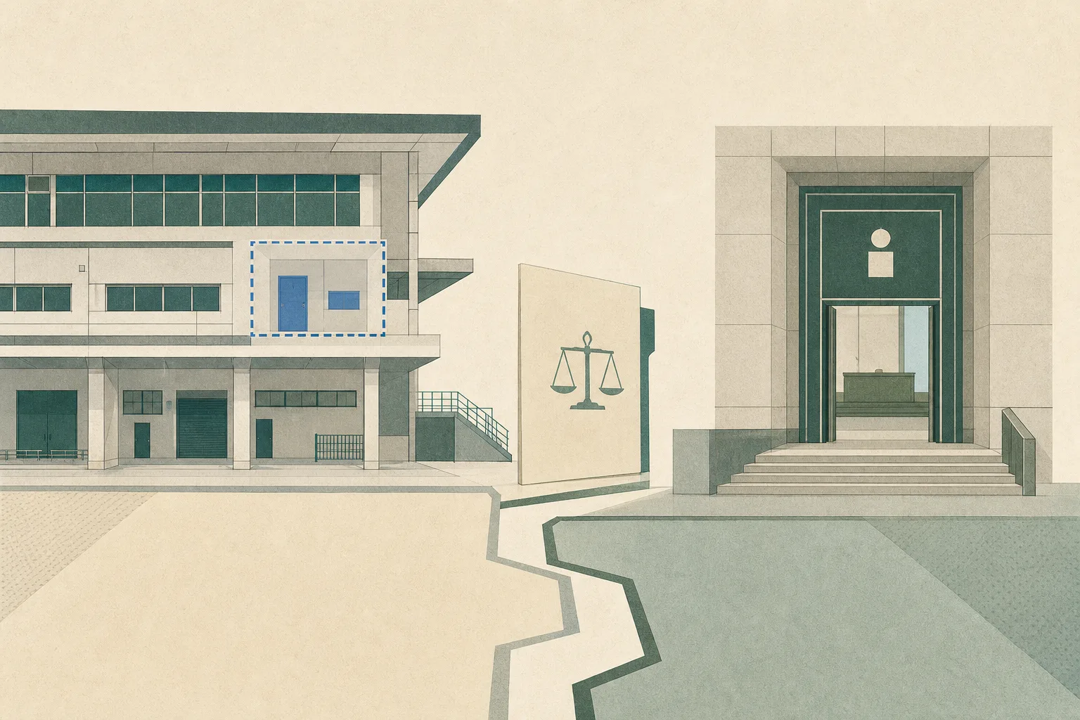 A simplified architectural collage shows a restricted room within a Hong Kong port cargo-inspection building on one side and a separate magistrates’ court doorway on the other, divided by a clear boundary line and muted blue geometric panels.