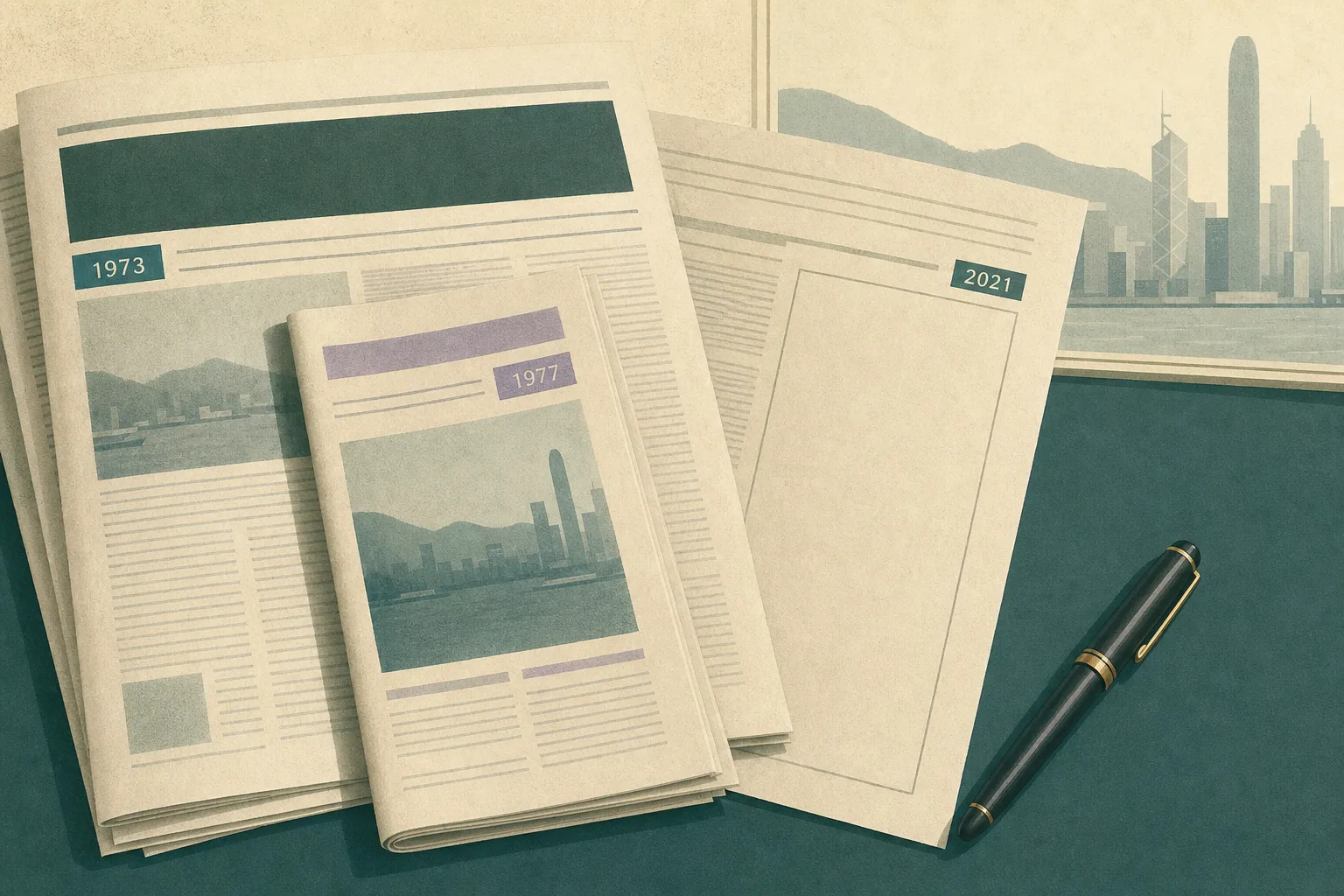 A quiet still life of layered newspaper pages and a folded periodical on a simple desk surface, marked with the years 1973, 1977 and 2021, with a closed fountain pen beside an unoccupied column area.