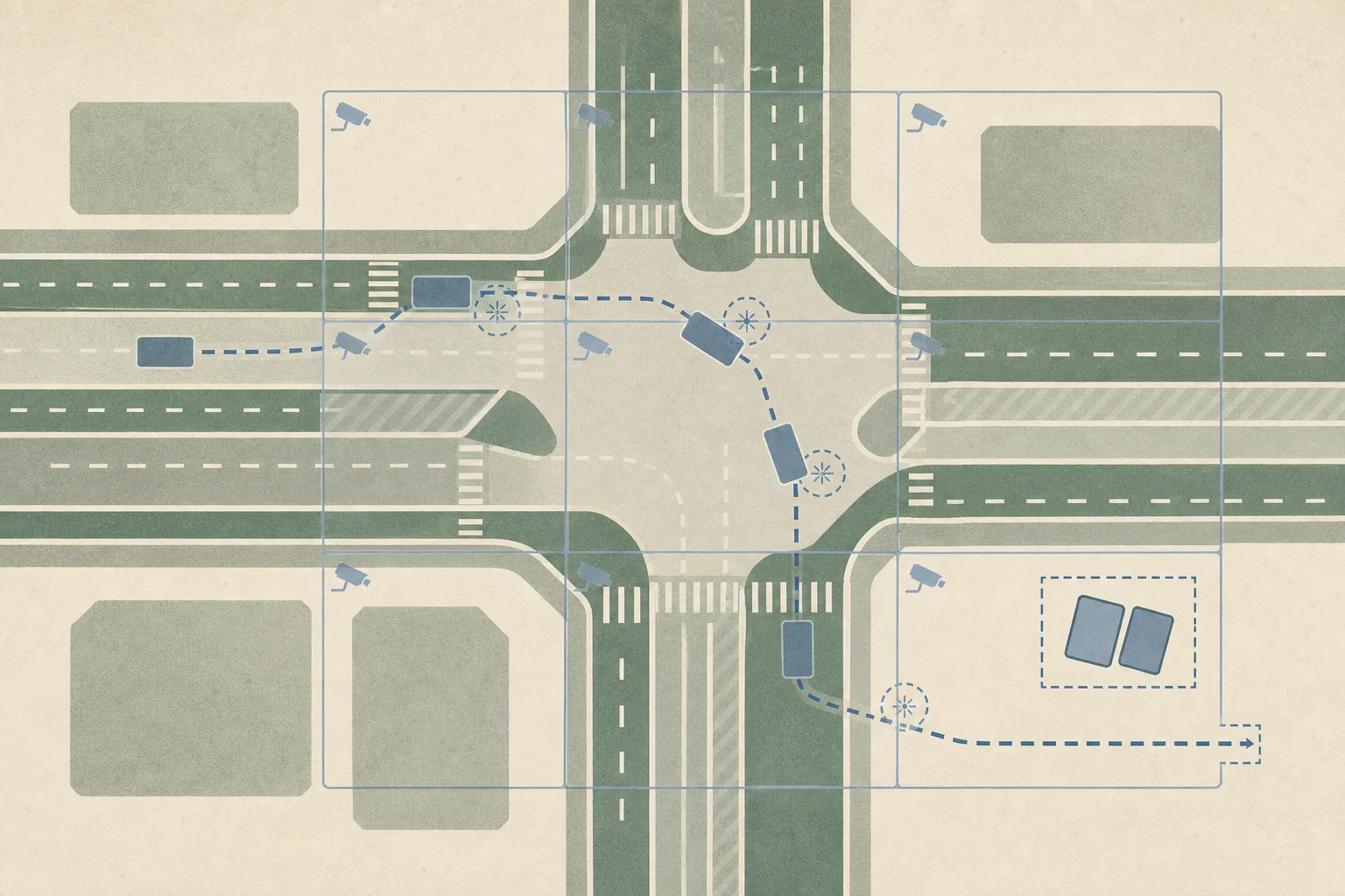 Top-down cut-paper diagram of intersecting city roads with a neutral car shape on a broken route, restrained interruption marks, a CCTV grid motif and a small outlined evidence box containing two tablet shapes.