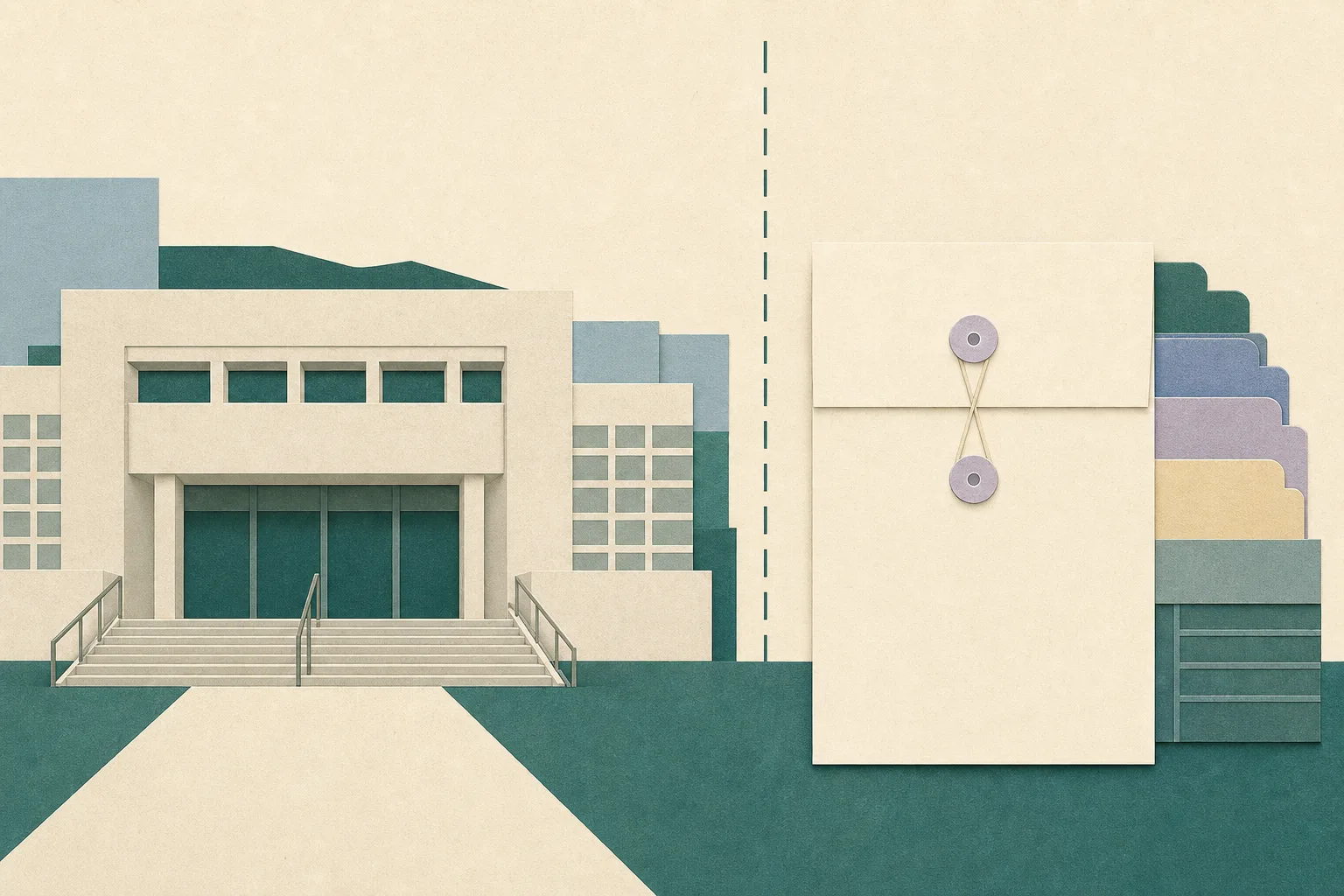A flat cut-paper illustration of a simplified magistrates’ court facade beside a sealed blank legal document, with abstract ledger blocks and a thin boundary line marking an unresolved legal process.