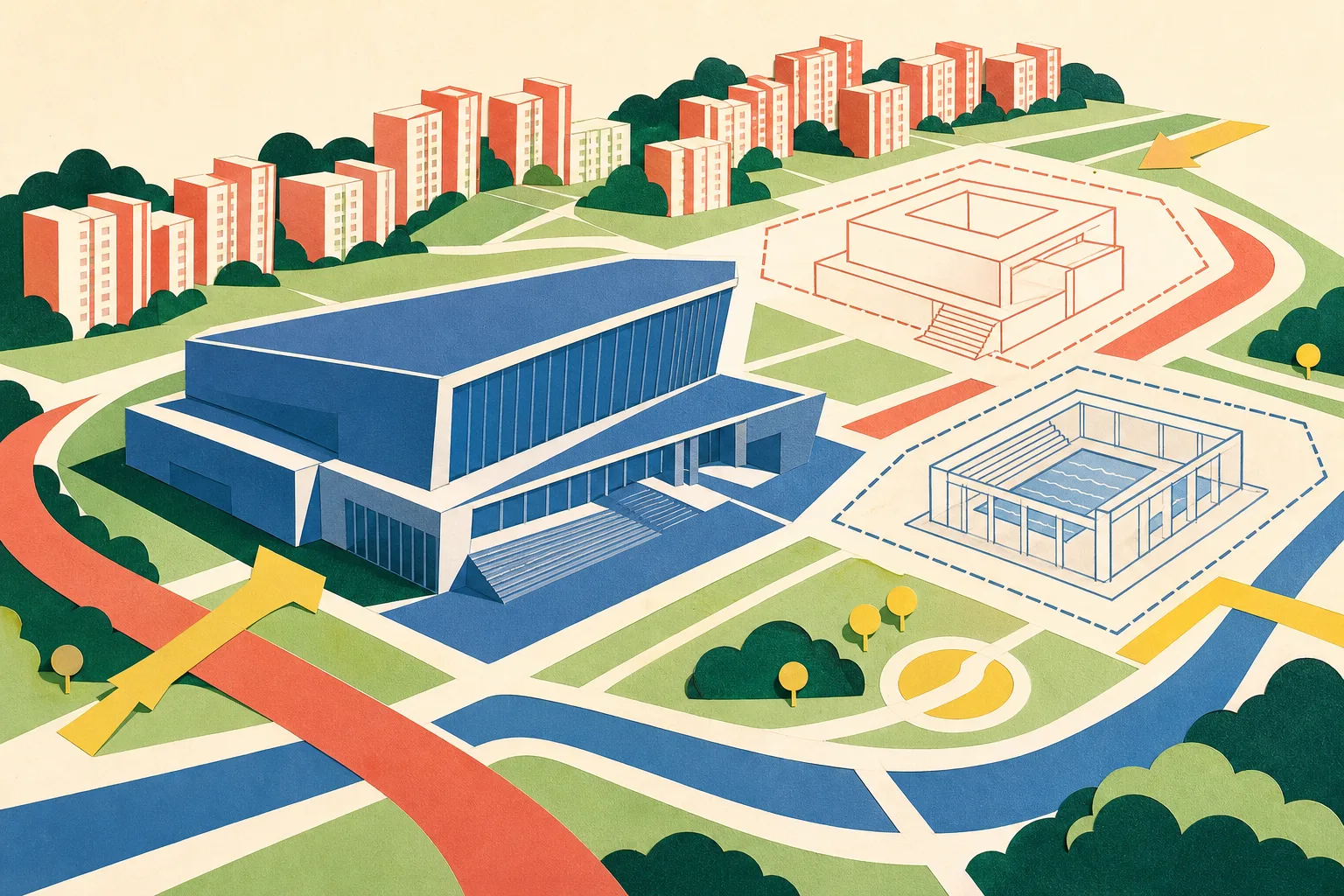 A cut-paper architectural collage of a planned urban district, with a large blue exhibition hall, two lighter outlined plots for a museum and swimming pool, repeated residential blocks, and green site-plan shapes arranged across a warm neutral ground.