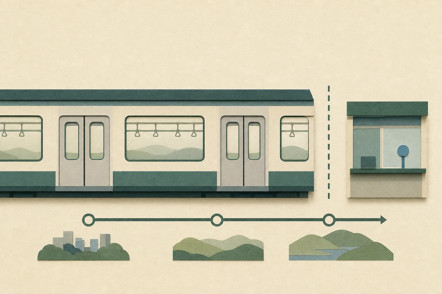 A personless cut-paper elevation of an East Rail Line train carriage with a clear dividing line, route markers, a small service-help panel and a court-adjournment tab.