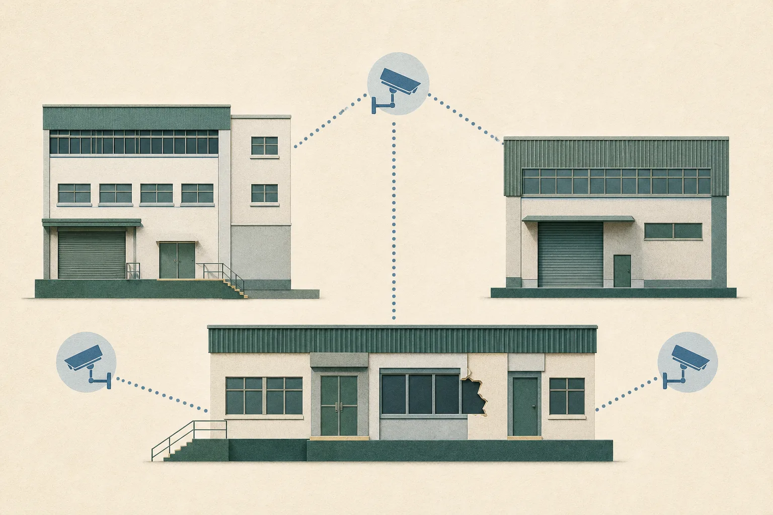 A subdued cut-paper illustration of several simplified industrial buildings and warehouse facades connected by an abstract line, with small CCTV sightline markers and one interrupted architectural boundary.