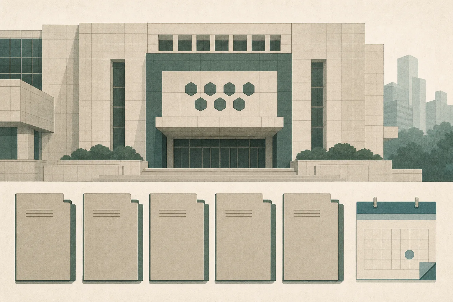 A restrained cut-paper illustration of a Hong Kong courthouse facade with five separated closed case-file panels, a seven-part jury motif and a small adjourned court-calendar panel.