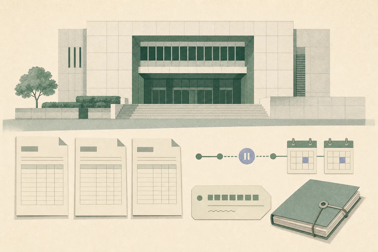 A flat cut-paper illustration of an empty magistrates’ court facade beside three plain wage-record slips and a paused timeline marked with two October 2026 calendar tabs, using muted blue, grey and paper tones.
