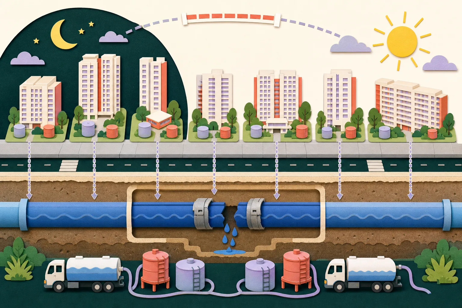 A flat cut-paper civic diagram of a blue water pipe beneath seven simplified residential blocks, with a moon-to-sun overnight repair timeline and small tanker and temporary water-tank symbols arranged below.