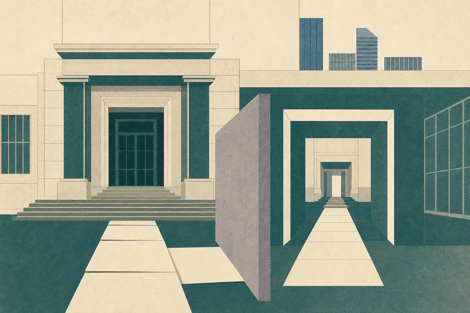 A restrained cut-paper illustration of a simplified civic courthouse facade, with an unlabelled document path interrupted by a partition and a separate open corridor leading toward another doorway.