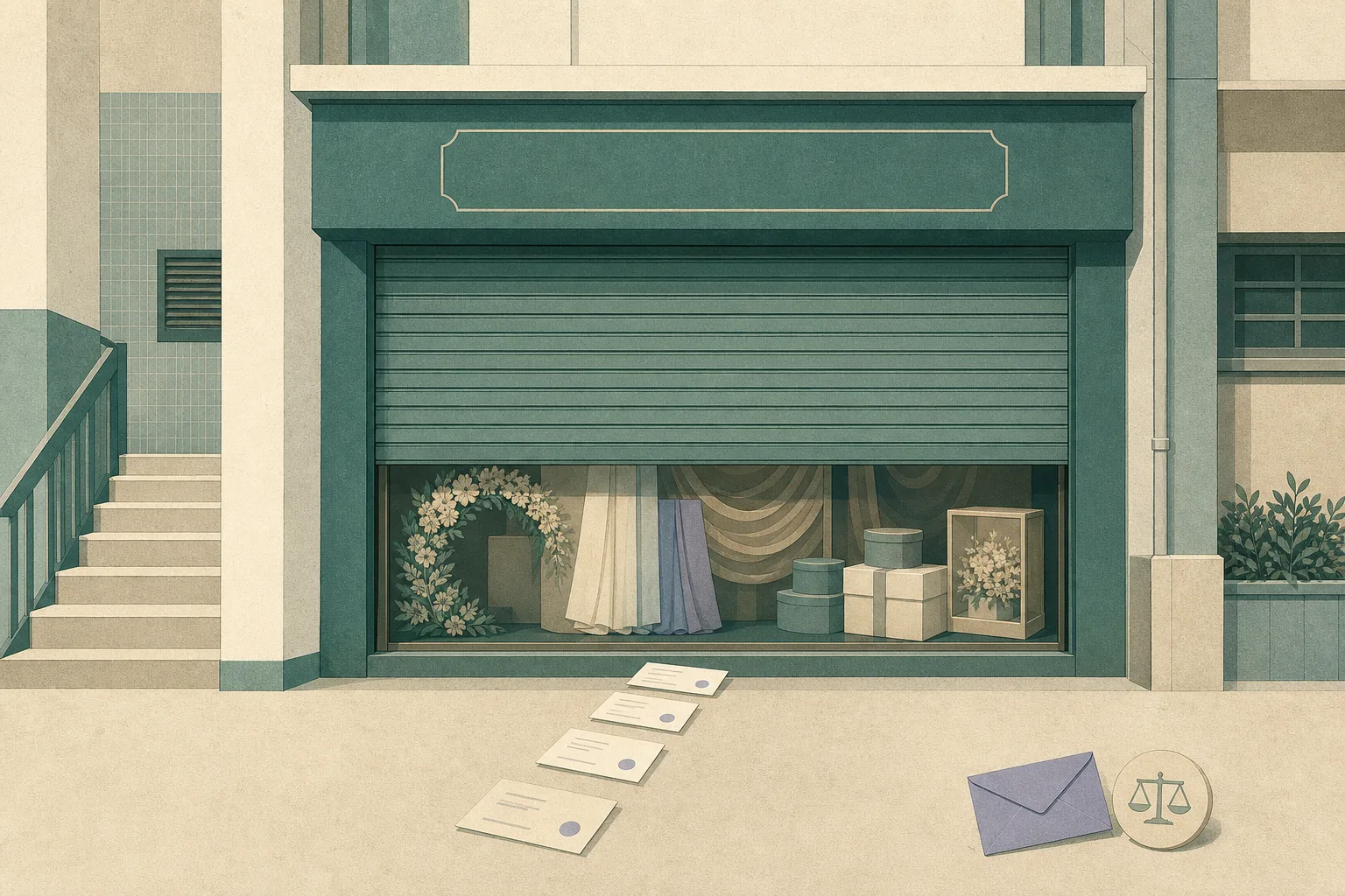 A flat cut-paper illustration of a closed commercial unit with a lowered shutter, wedding-decoration materials and unopened boxes behind it, while simplified payment slips stop at the barrier.