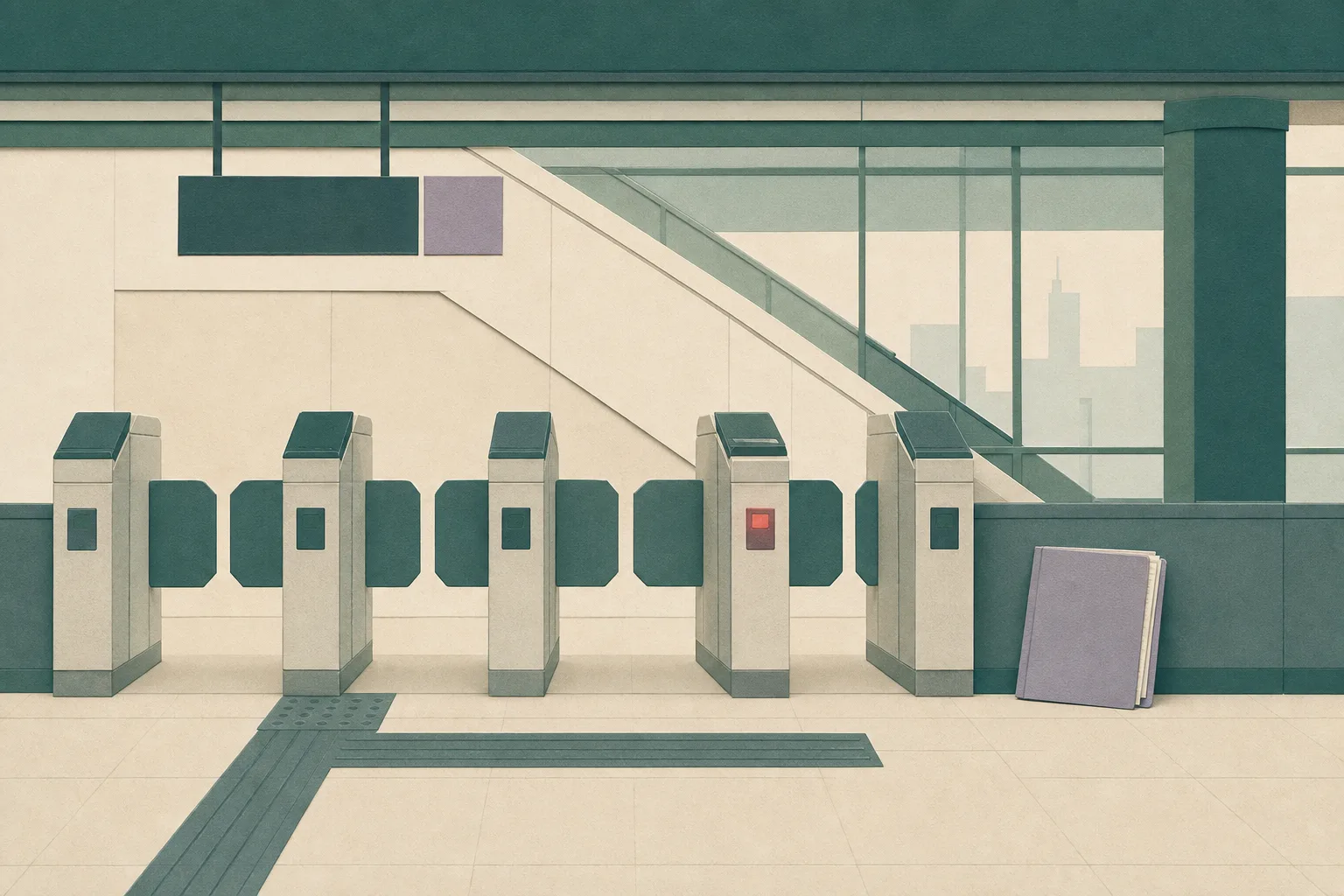 Flat cut-paper illustration of an MTR fare-gate row, with one gate marked by a small red indicator light and a closed document folder nearby; no people are shown.