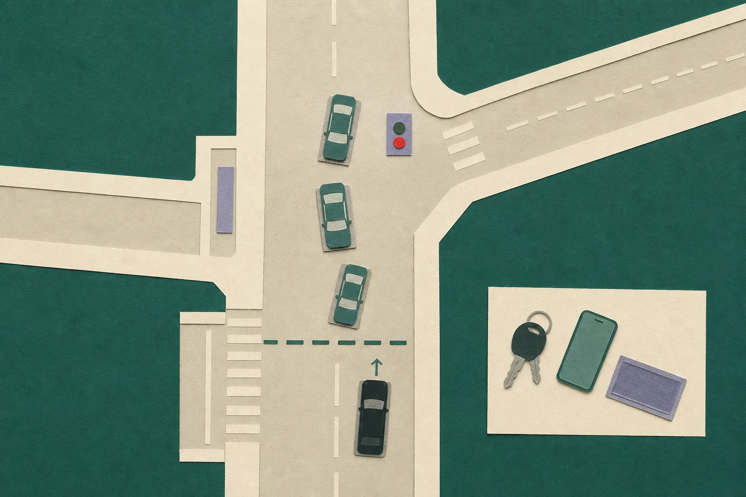 Top-down cut-paper illustration of a simplified Kowloon street grid with a dark car route interrupted by three vehicle shapes, a bus-stop block, a traffic-signal square and a separate grouping of keys, phone and cash shapes.