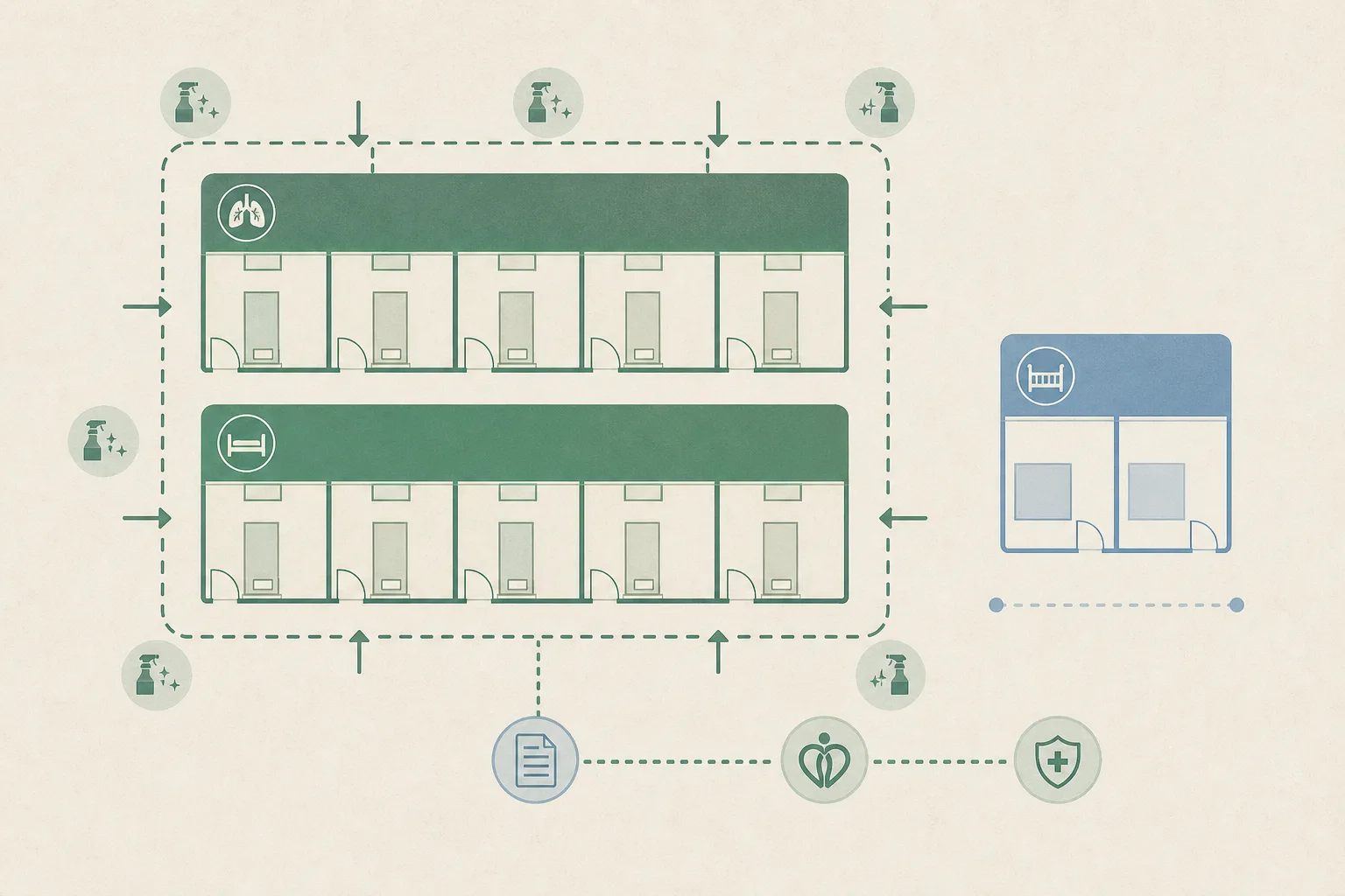 Top-down cut-paper hospital diagram with a ten-unit ward cluster enclosed by an isolation boundary, cleaning marks along its edge, a separate two-room paediatric intensive-care zone, and simple reporting links to health authorities.