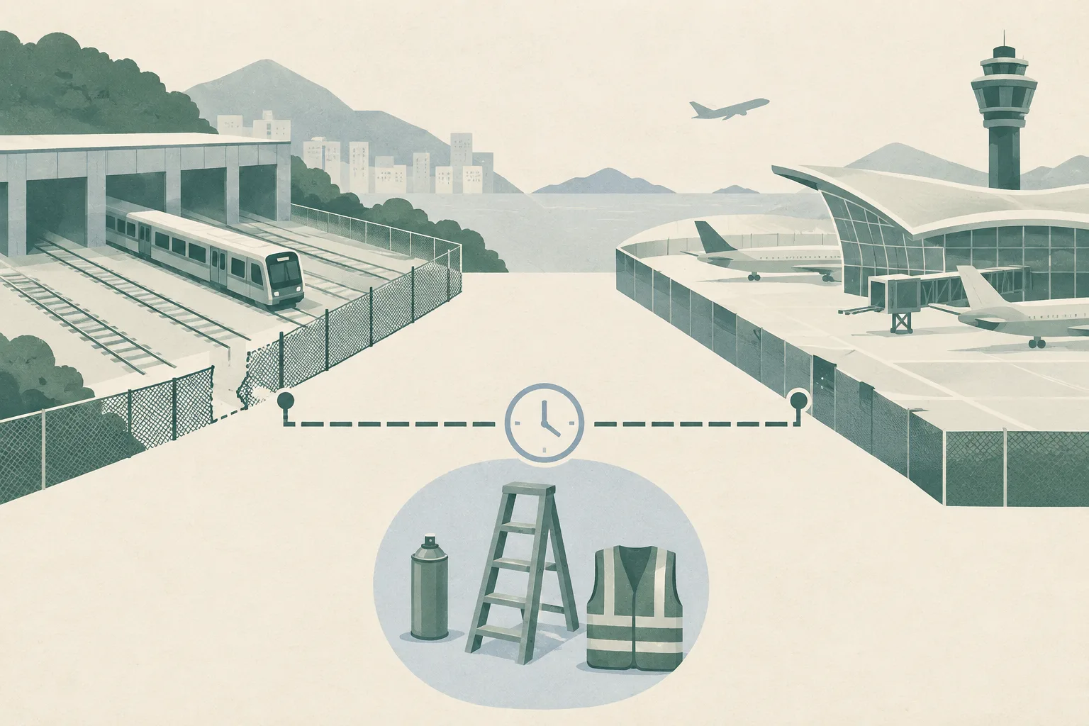 A restrained cut-paper diagram shows a rail depot boundary and parked train at one end, an abstract airport departure boundary at the other, and a segmented six-hour timeline between them. Small simplified icons for a spray-paint can, wooden ladder and reflective vest sit near the depot, with no fig