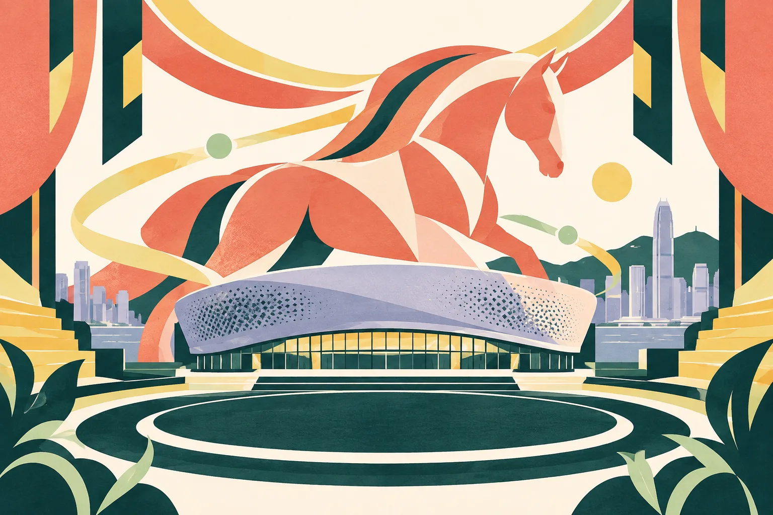 A cut-paper illustration of Kai Tak Arena with a stylized horse shape, layered stage arcs and geometric route-like bands in soft coral, mineral blue, dusty teal and muted ochre.
