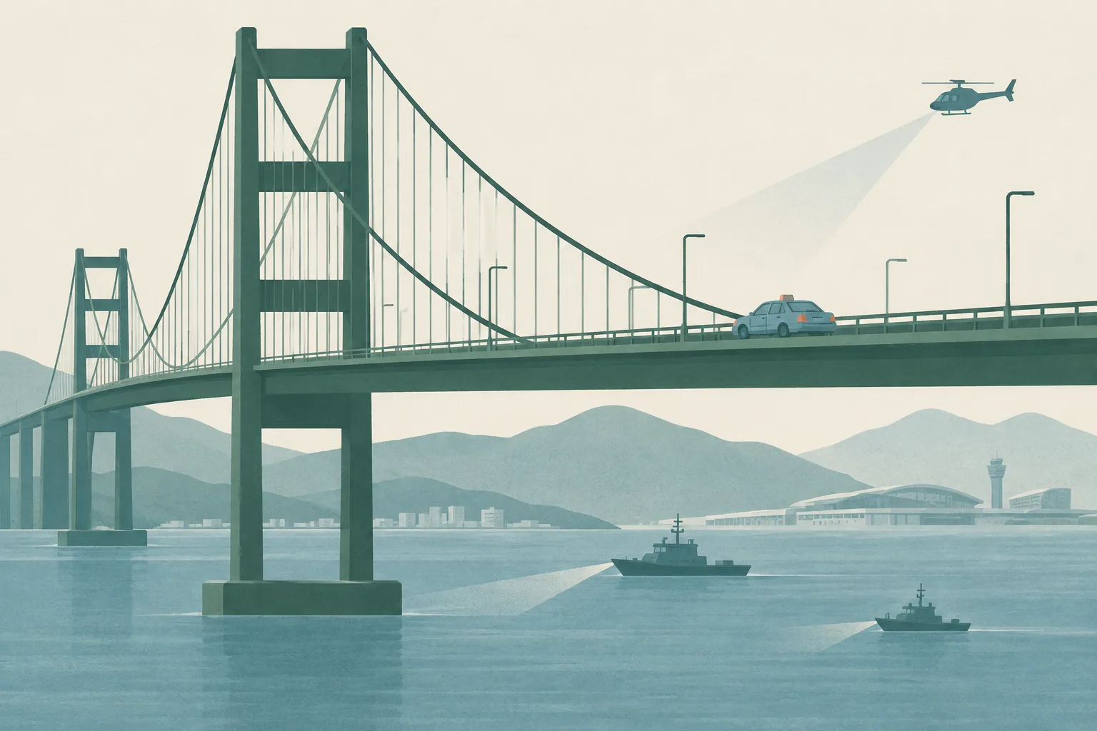 Flat cut-paper illustration of an empty taxi stopped on a bridge roadway above calm water, with simplified bridge structures and small abstract search markers around the span.