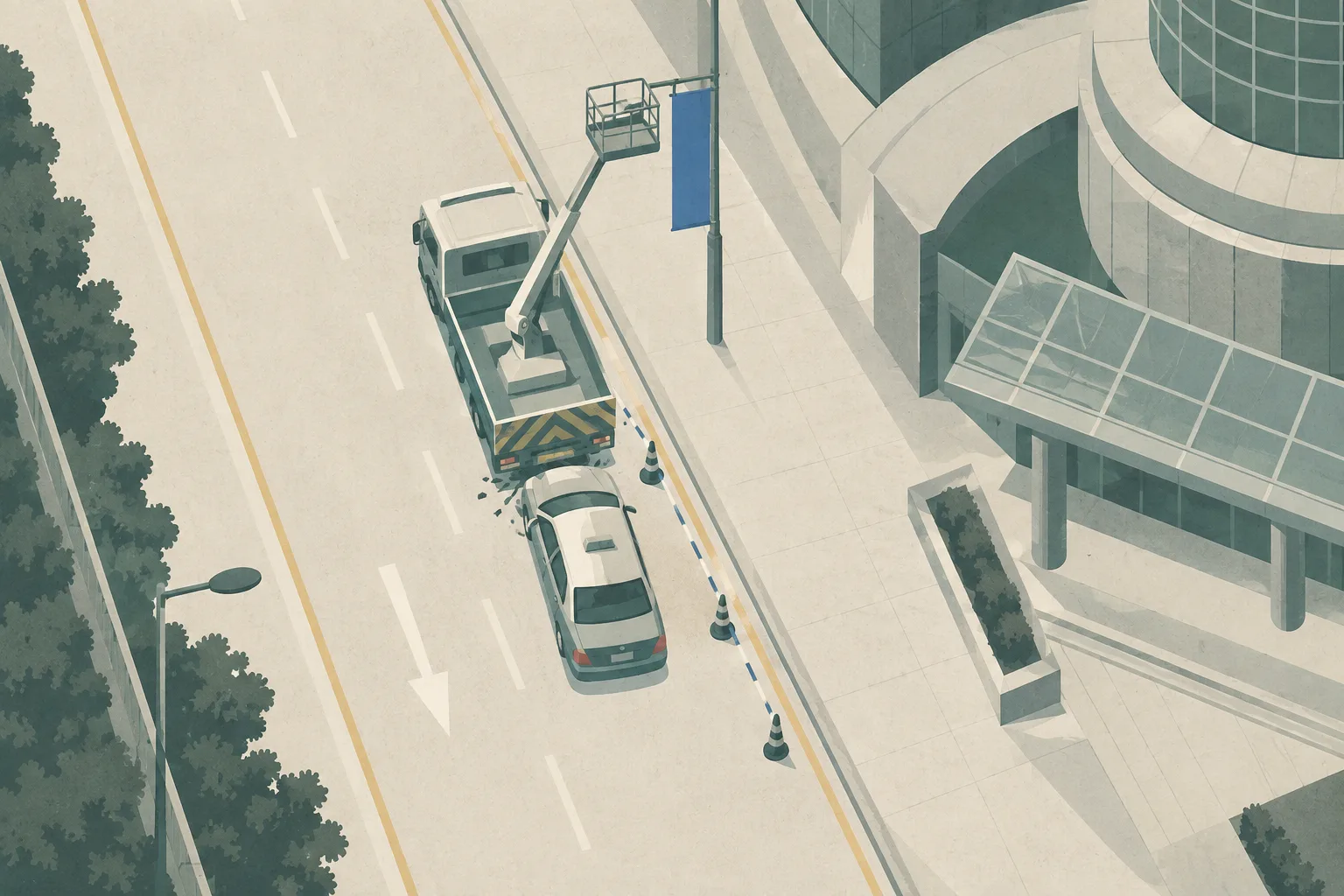 Top-down cut-paper illustration of a southbound road near a simplified station and shopping-complex outline, showing an empty taxi at the rear of a parked engineering vehicle with a raised platform, restrained damage marks and a small roadwork boundary marker.