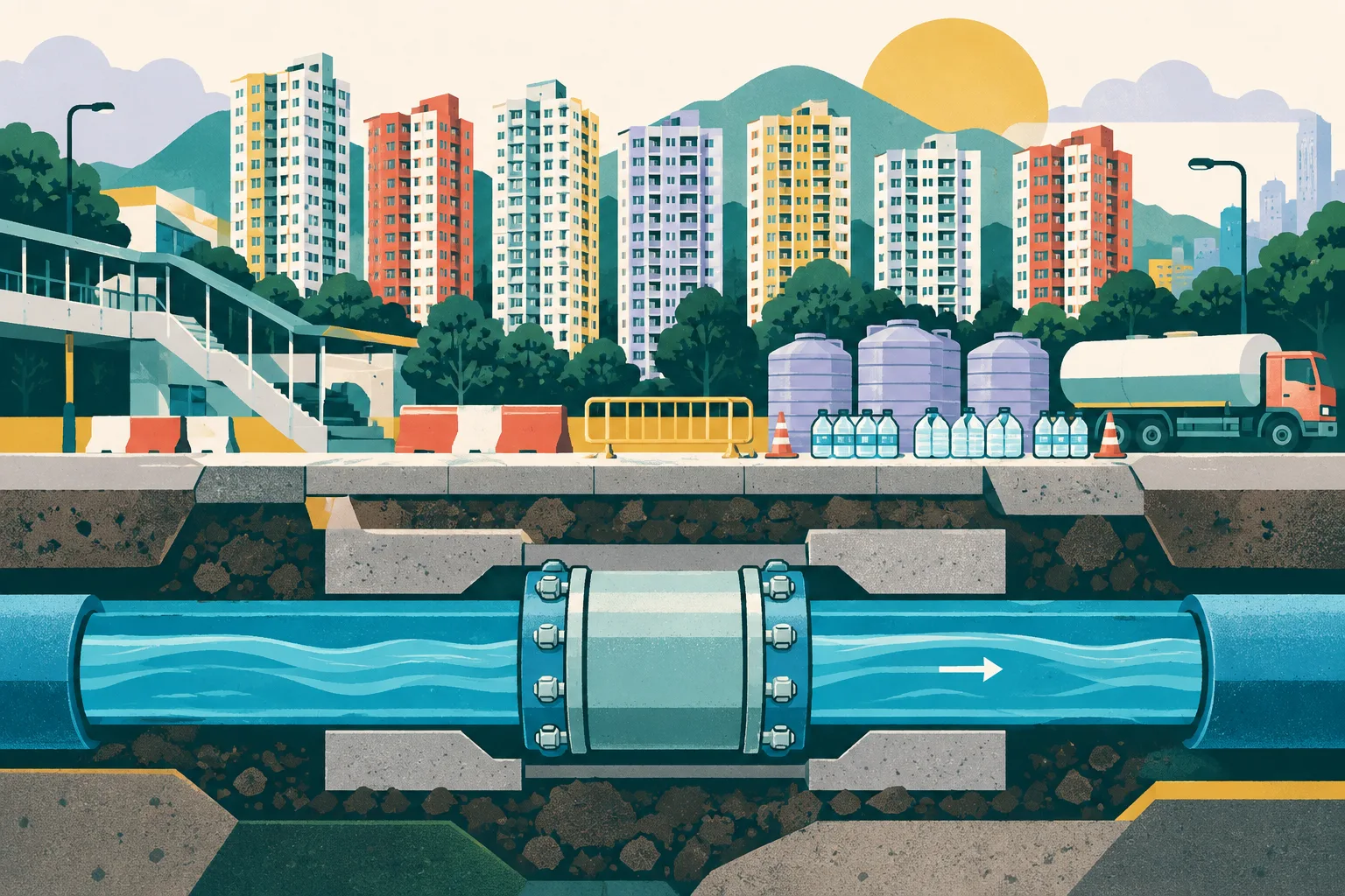 A cutaway civic collage shows a repaired blue water main beneath a simplified road, seven small residential blocks above it, and nearby geometric water tankers, tanks and bottled-water forms in a palette of dusty teal, mineral blue, muted ochre and soft coral.