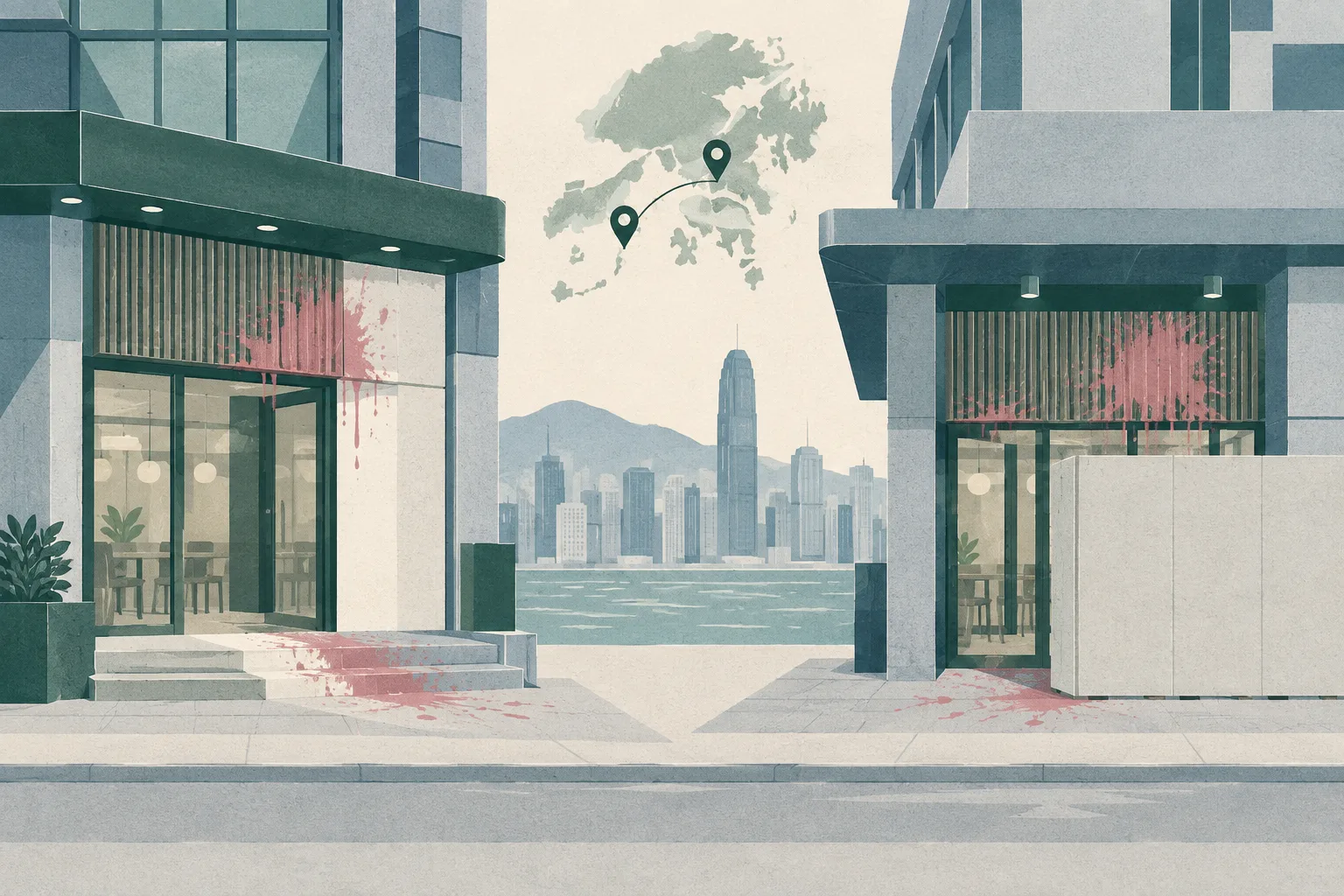 A flat cut-paper illustration of two simplified Hong Kong restaurant entrances connected by a thin location line: one shows muted red paint marks on its sign area and entrance ground with a cleaned patch, while the other has similar marks partly hidden behind a hoarding panel.