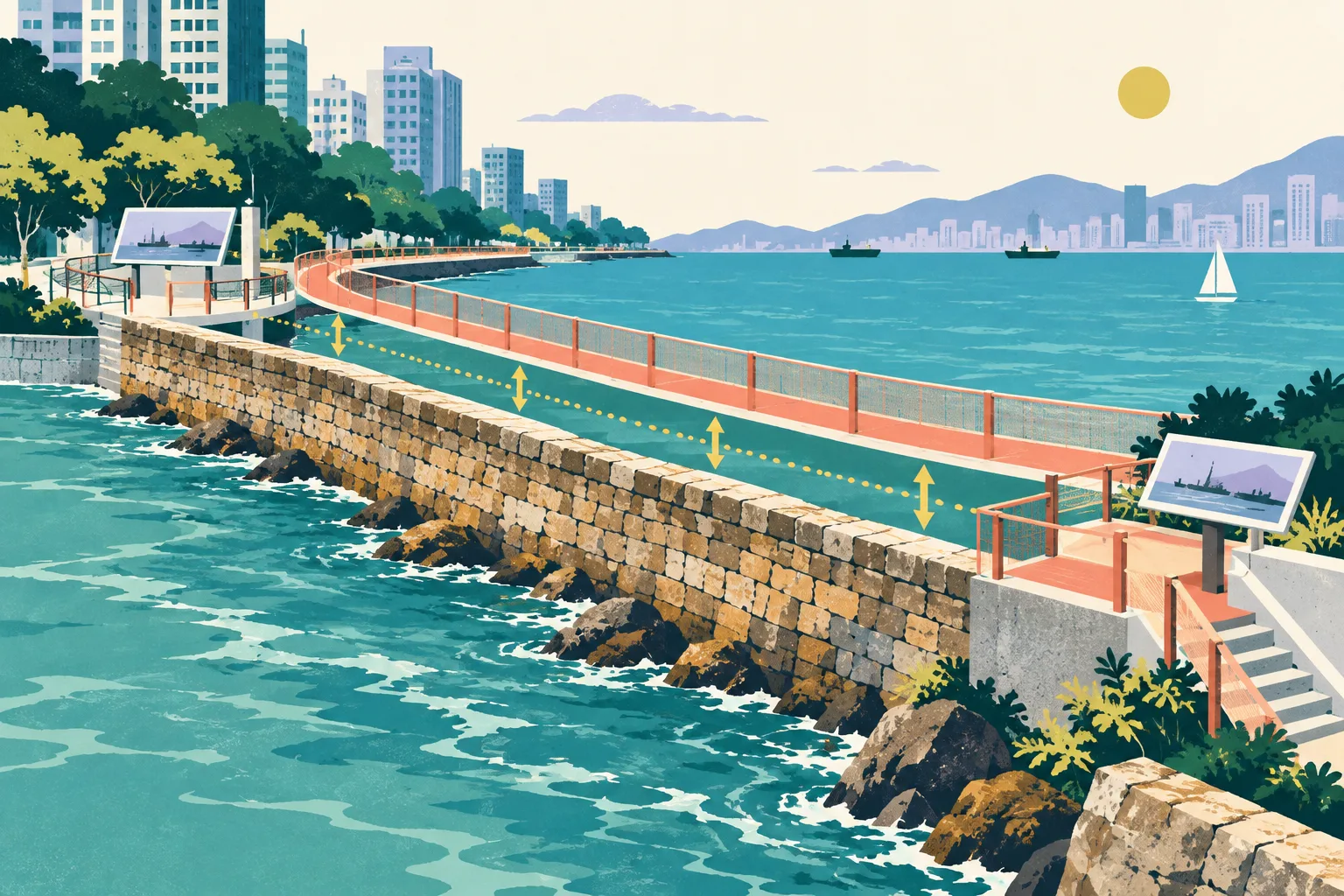 Flat graphic collage showing a historic stone seawall along blue harbour water, with a separate coloured pedestrian walkway running beside it between two abstract waterfront points and small geometric markers suggesting historical interpretation and multiple viewing angles.