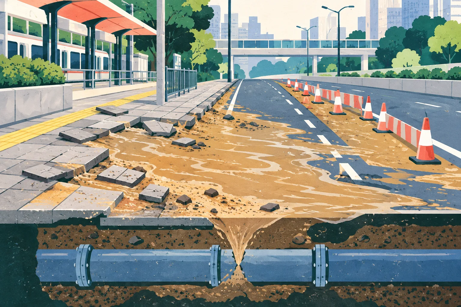 Cut-paper style illustration of a simplified road and footpath with muddy water spreading across both, several paving blocks shifted apart, one lane marked closed while adjacent lanes remain open, and an ambiguous underground pipe break shown beneath the street.