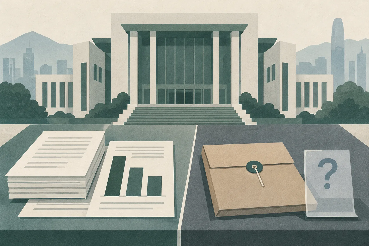 A quiet cut-paper illustration of an abstract courthouse facade, separated document panels, a sealed case file and an unresolved exhibit marker arranged across a clear boundary, with unequal geometric blocks suggesting different sentences.