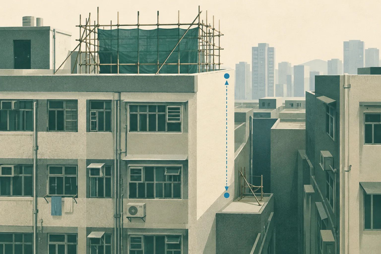 A simplified tenement façade with rooftop scaffolding above an empty rear-lane platform, where a single scaffold bracket is set apart below by a measured vertical gap.