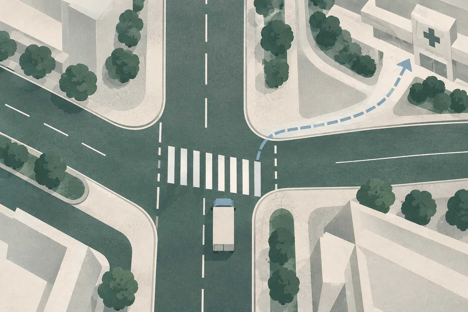 Top-down cut-paper illustration of a Chai Wan road junction with a pedestrian crossing, a stationary light-goods vehicle kept separate from the crossing, and a subdued route line toward a hospital.
