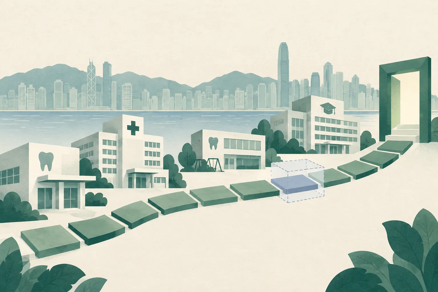 An abstract cut-paper illustration of connected public dental-care buildings arranged along a twelve-part pathway, ending at a registration gate, with one route paused behind a translucent review boundary.