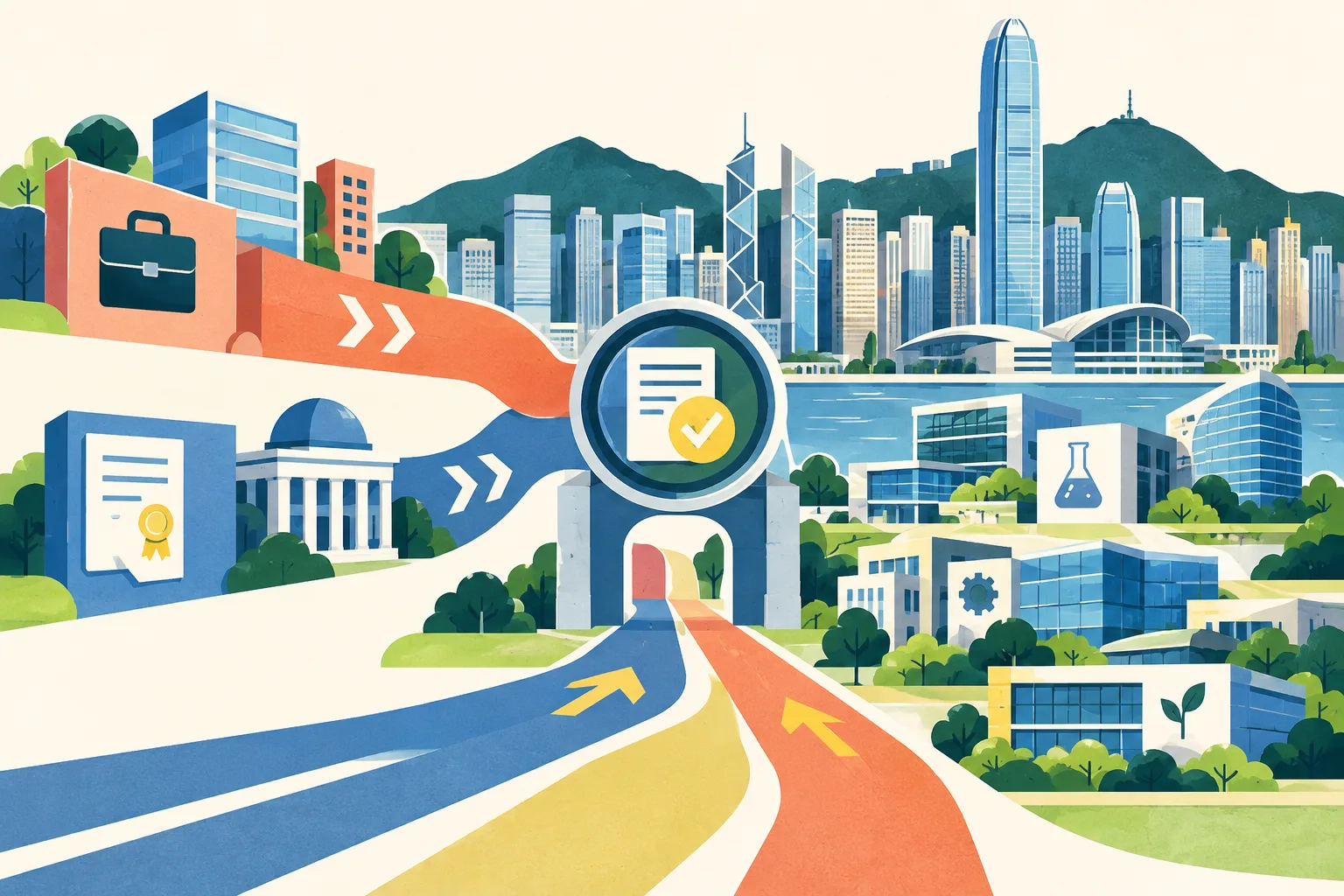 A cut-paper style Hong Kong city collage with two geometric routes representing work-based and qualification-based talent schemes. The routes pass through a renewal checkpoint and connect to simplified workplaces, companies and innovation facilities in a balanced blue, coral, ochre and teal palette.