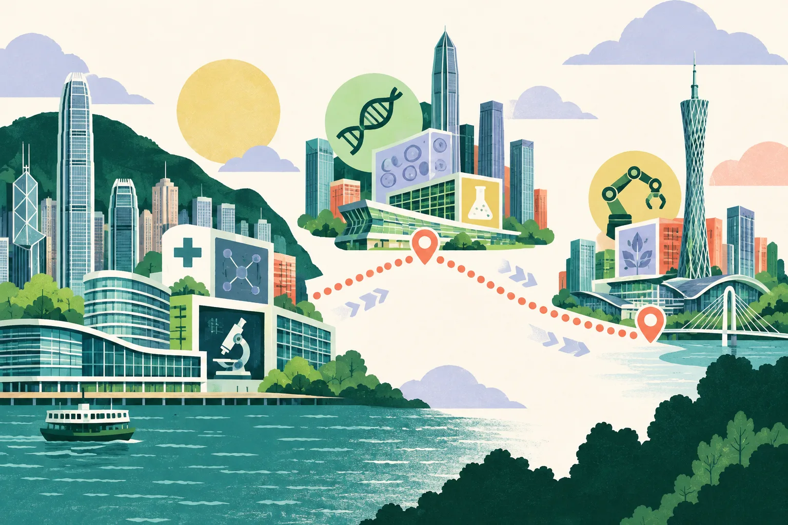A flat cut-paper illustration of three connected technology hubs representing Hong Kong, Shenzhen and Guangzhou, with a Hong Kong research campus, abstract healthcare and robotics symbols, and geometric markers for a visiting delegation.