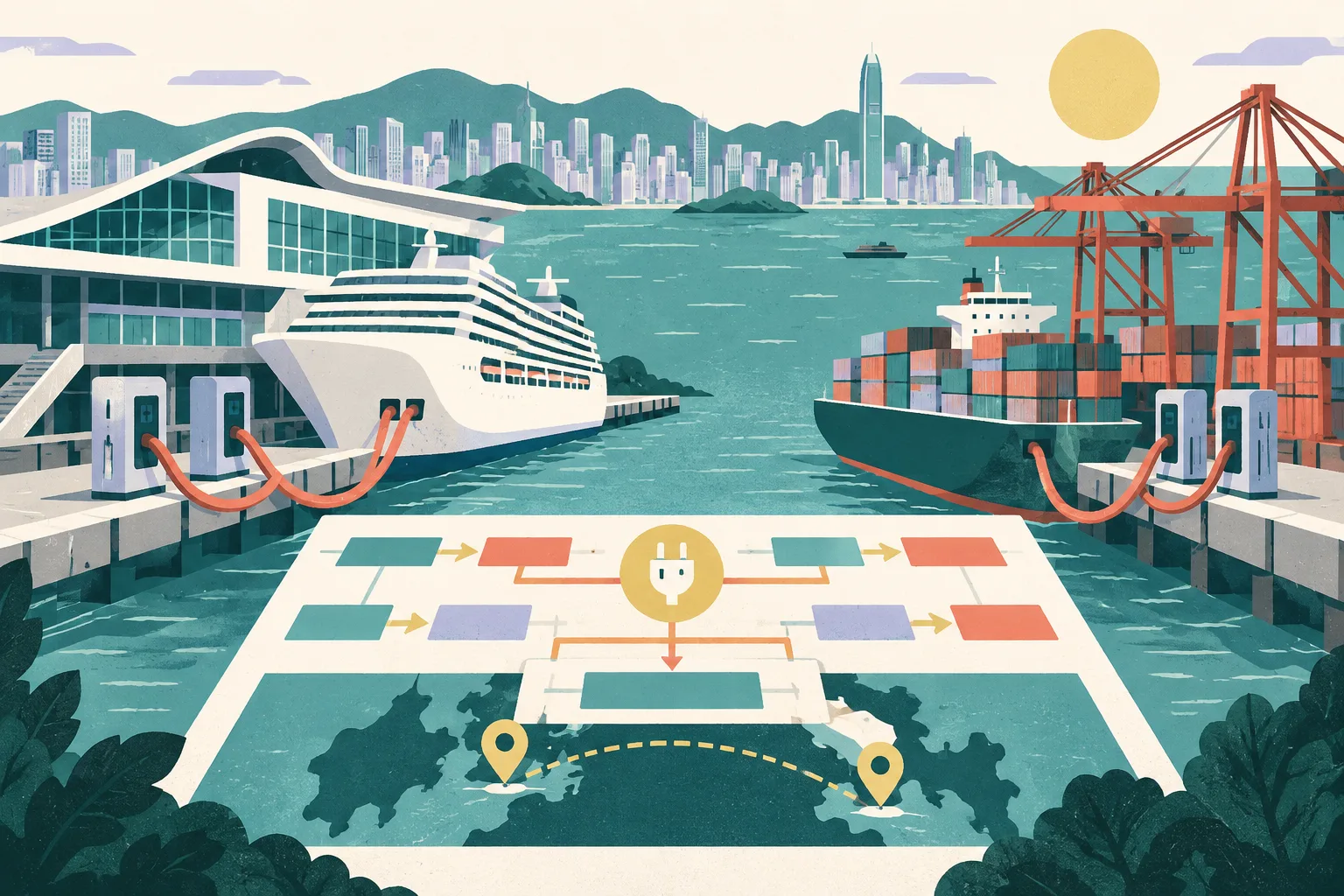 A cut-paper illustration of a Hong Kong port with simplified cruise and container terminals, inactive shore-power stations, connecting cables and a linked roadmap of planning blocks in blue, teal, ochre and coral.