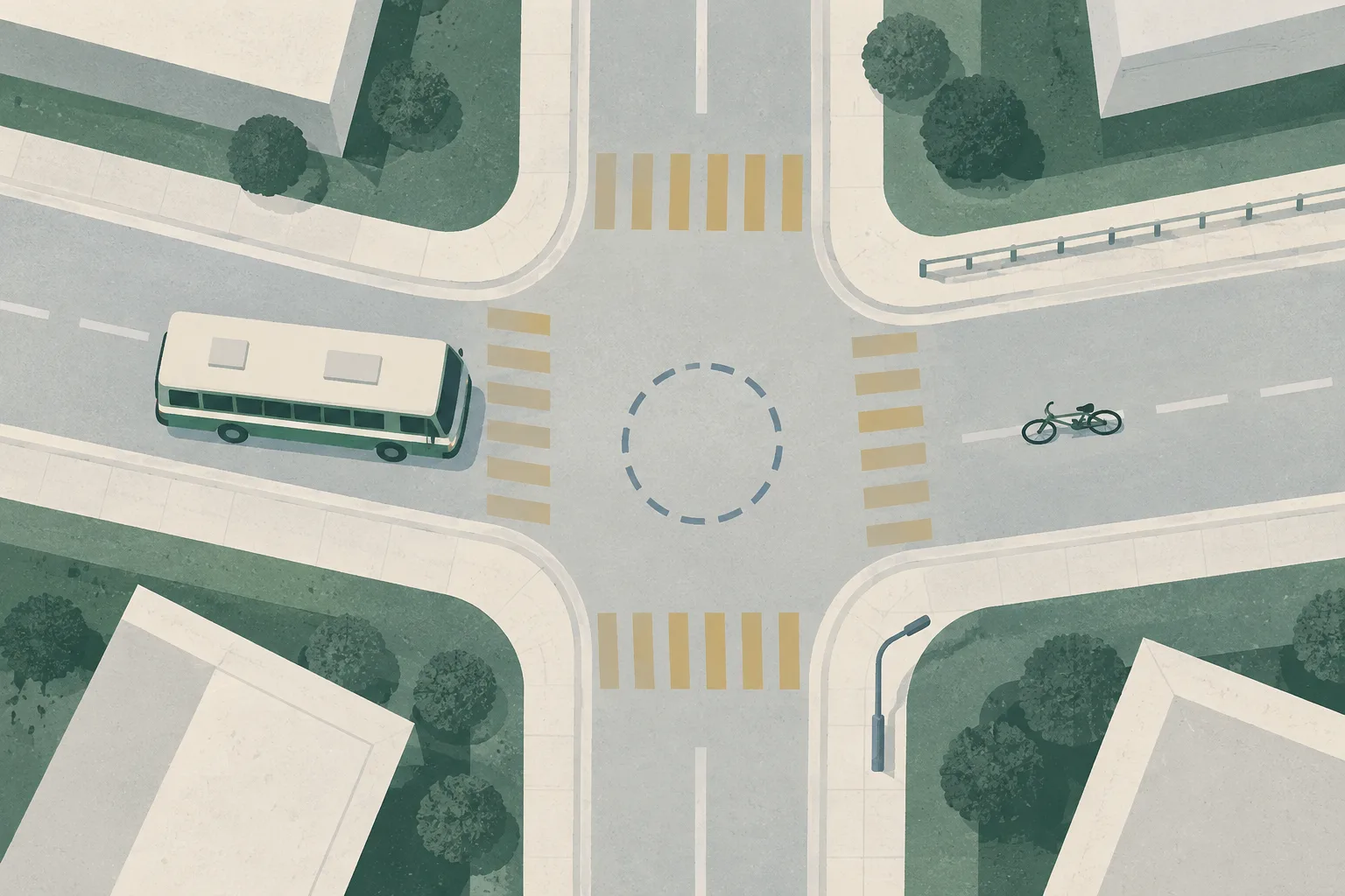 Top-down abstract road diagram with muted blue route bands, an unresolved gap at a junction, and separate simplified school-bus and bicycle icons.