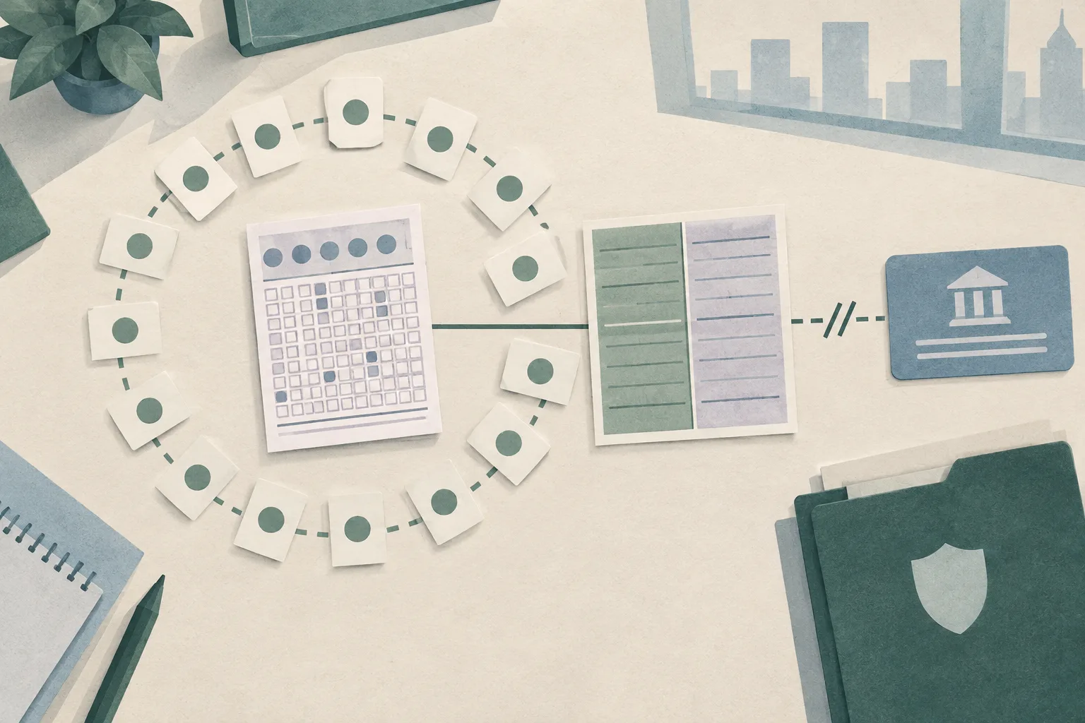 Top-down cut-paper illustration of a neutral lottery slip surrounded by fifteen equal paper tabs, an unresolved allocation ledger and a separate account card linked by a broken line, with a plain investigation folder at the edge.