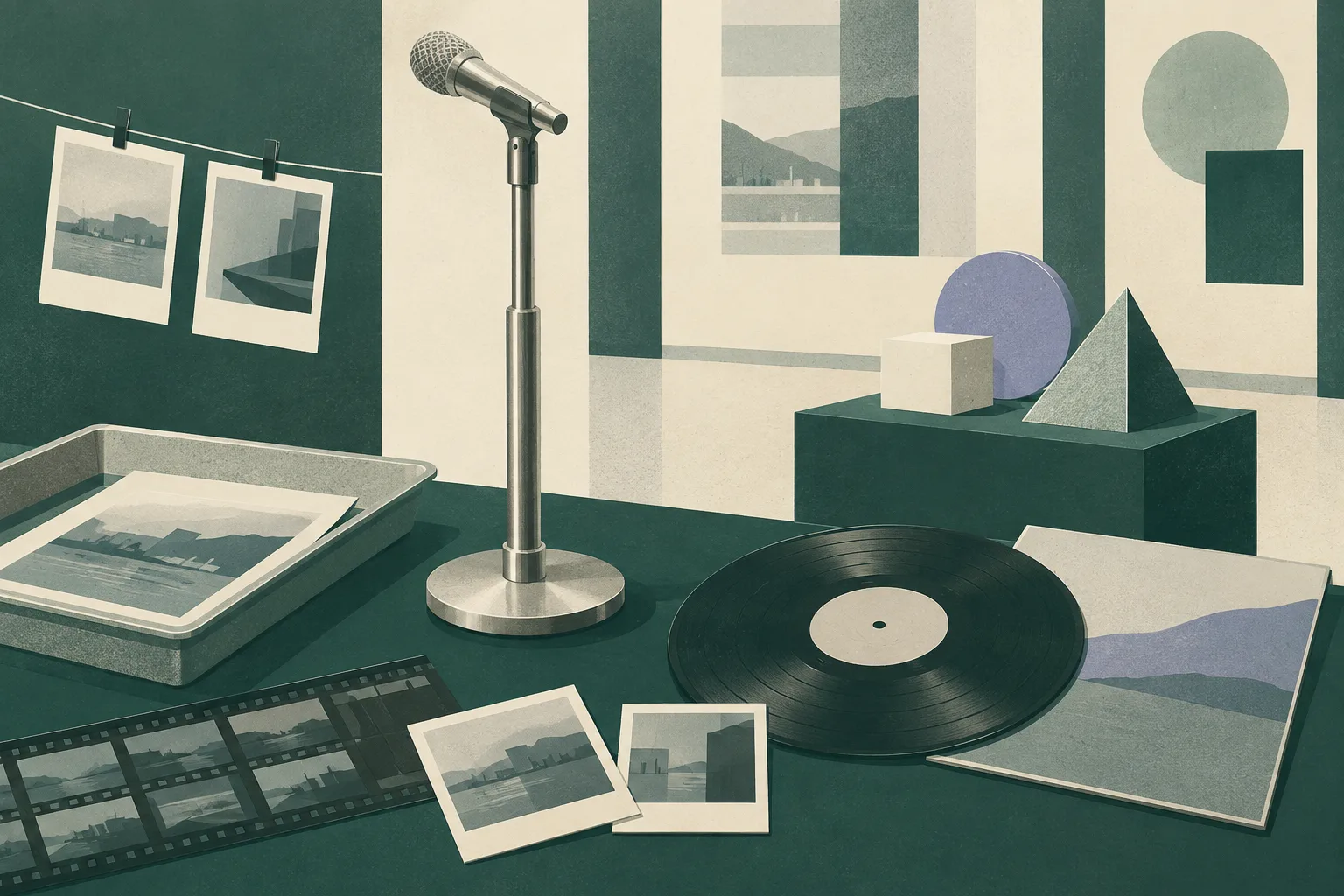 A flat cut-paper illustration of an archival exhibition display: a silver microphone stand beside stacked photographic prints and negatives, a black vinyl record, abstract student-design panels and a shallow darkroom tray on simple gallery plinths, with muted dusty-teal accents and no people.