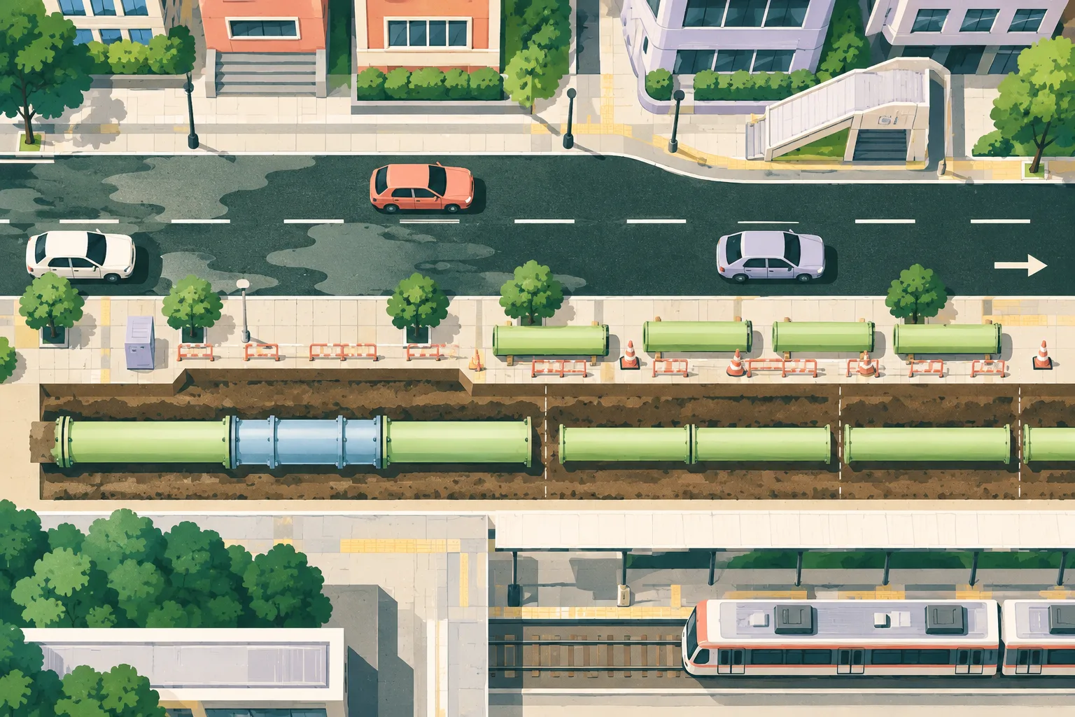 Top-down cut-paper illustration of a Hong Kong road and pavement with a blue underground water pipe, one repaired section, and several separated pipe segments indicating phased replacement.