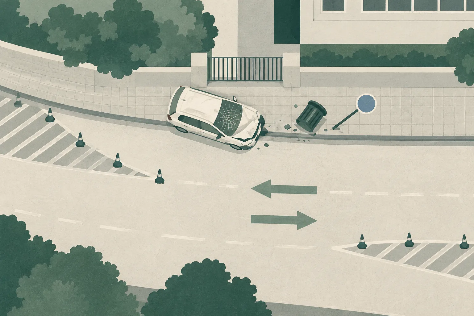 Top-down cut-paper illustration of a Hong Kong street edge near a school zone, with temporary lane-diversion markings, a displaced roadside sign, a damaged rubbish bin and a small electric car form at the pavement boundary.