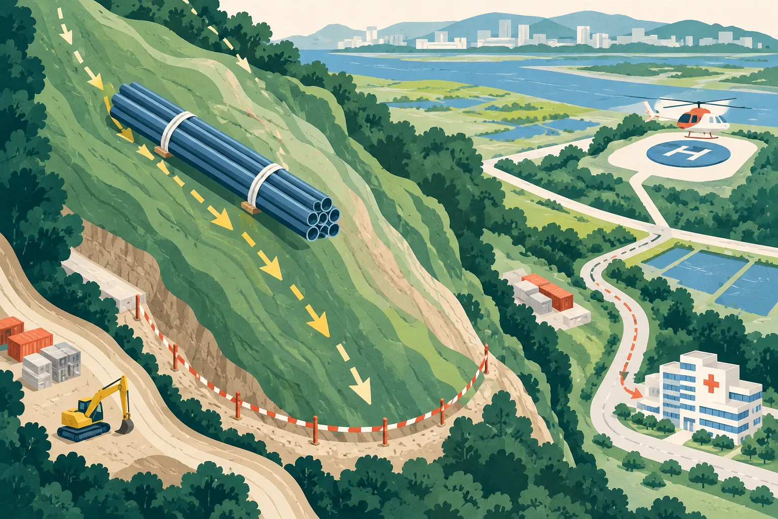 Top-down cut-paper illustration of a sloped construction worksite with a long bundled pipe form, a marked boundary, a provisional movement path, a separated helicopter delivery marker and a small hospital destination marker.