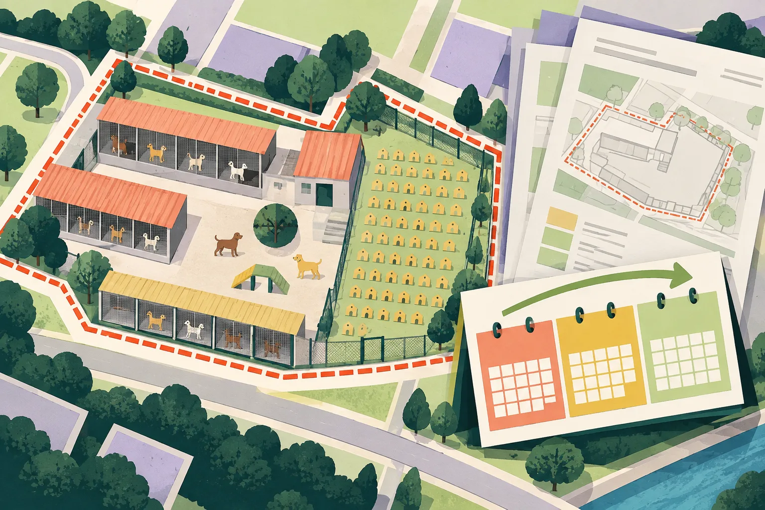 Cut-paper architectural illustration of a fenced animal shelter plan with a marked eastern section, a civic planning document, a three-month calendar extension ending in December 2026, and evenly spaced kennel markers.