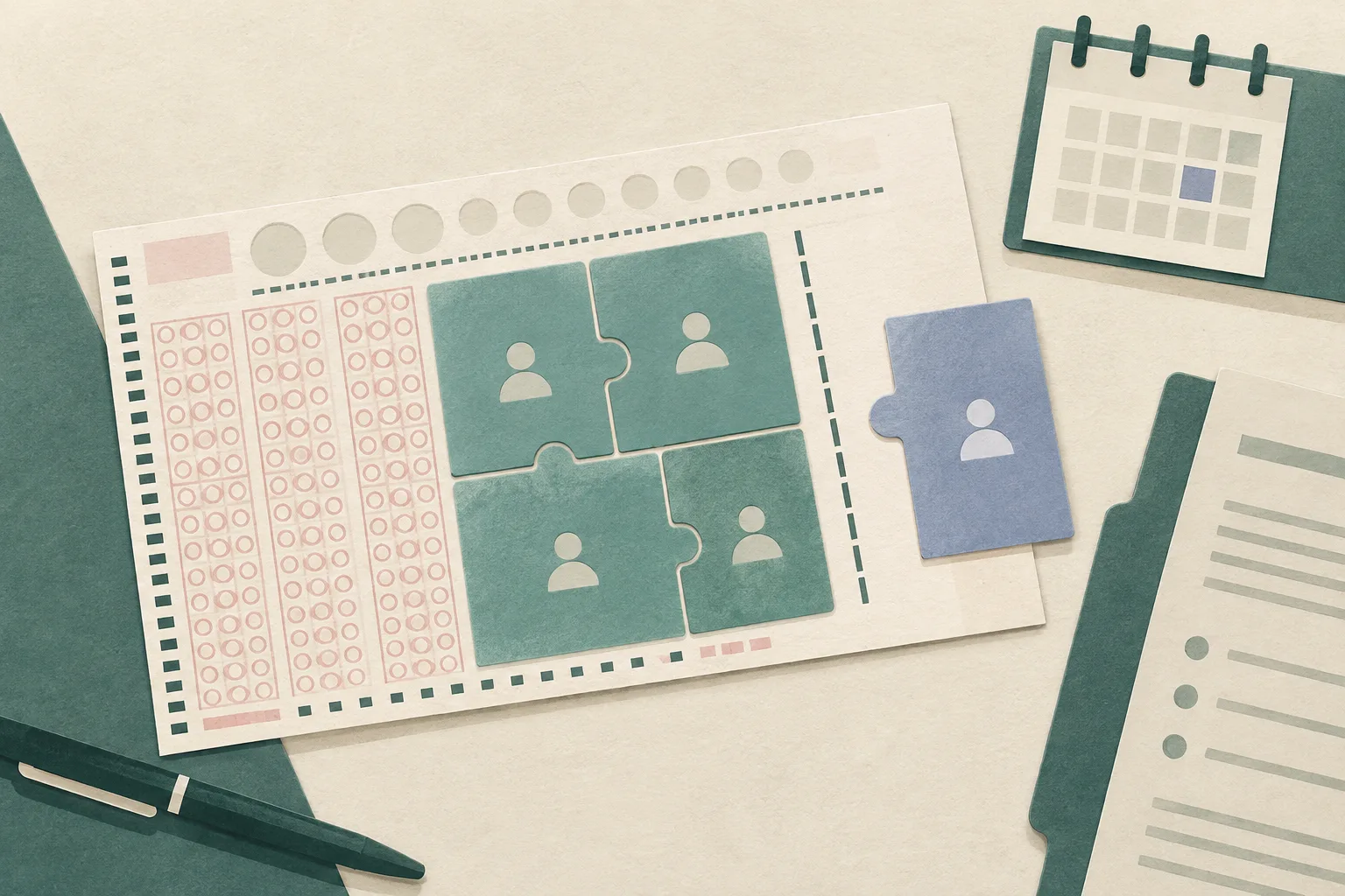 Top-down cut-paper illustration of a simplified lottery ticket divided into shared sections, with one section separated by a neutral boundary and a small procedural document tab nearby.
