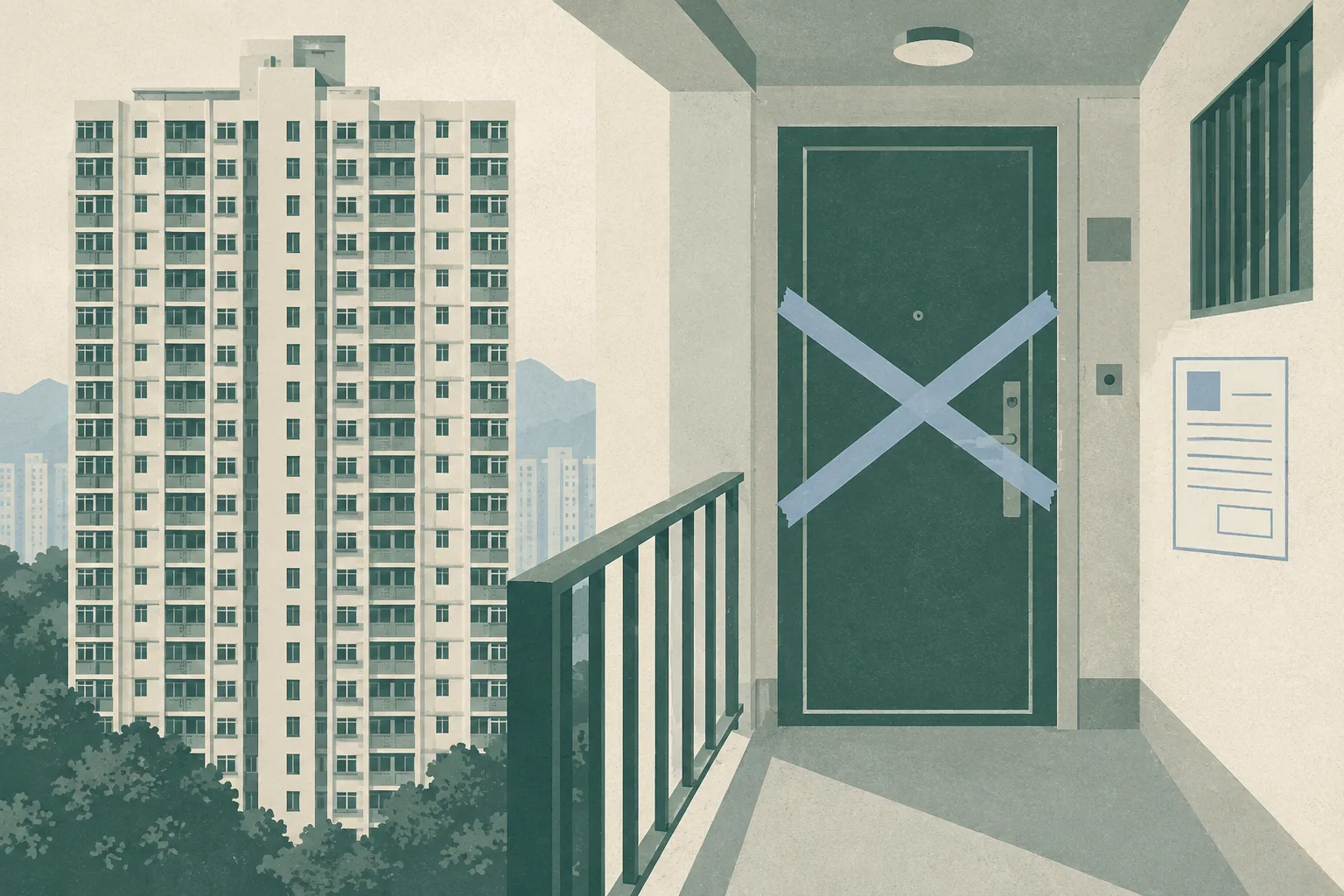 A simplified Hong Kong residential tower facade with one closed apartment doorway marked by a neutral official seal and a small procedural document panel, rendered in muted blue and warm grey cut-paper shapes.