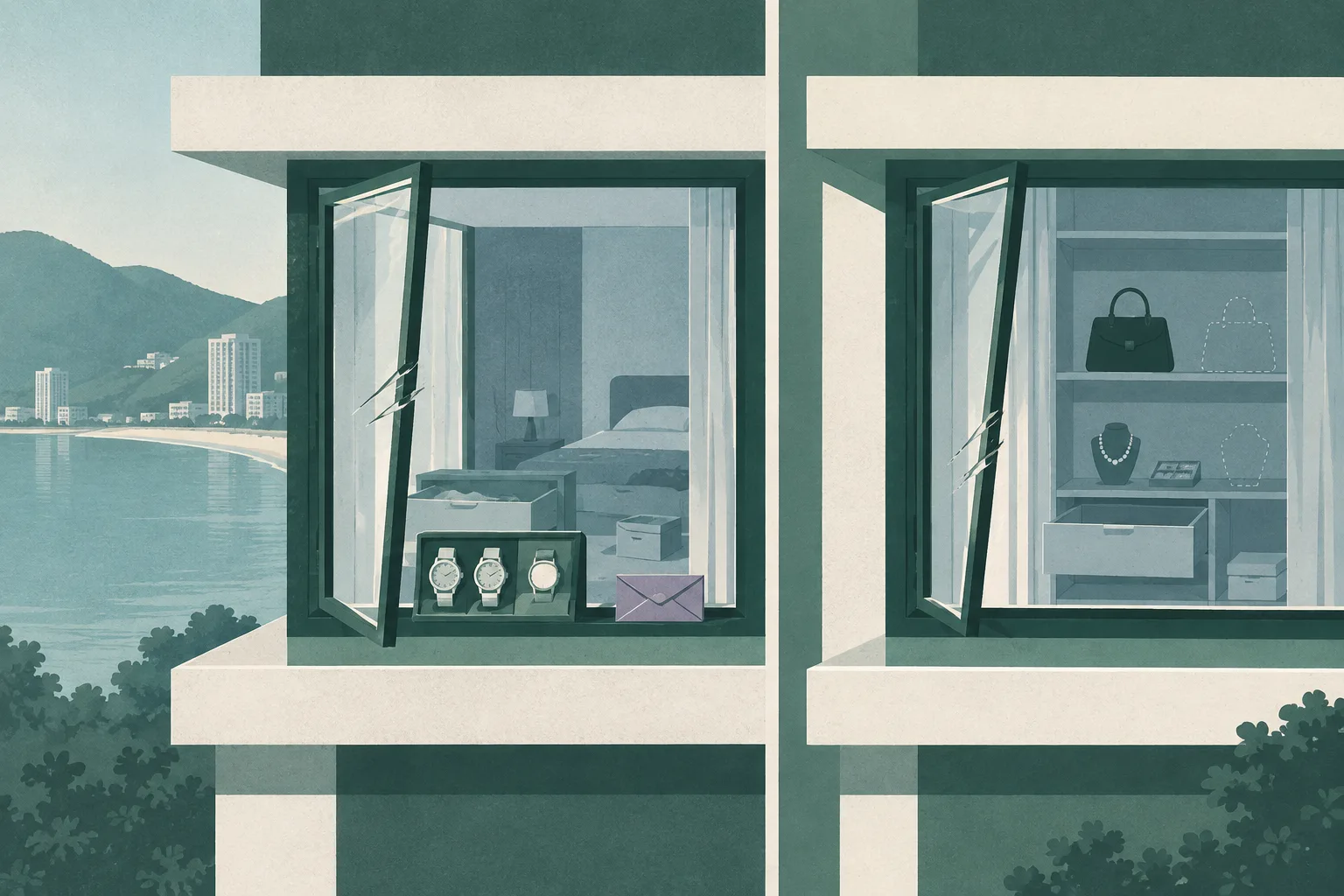 Split cut-paper illustration of two separate apartment window elevations, each with restrained signs of forced entry and incomplete inventory markers for watches, cash, handbags and jewellery, separated by a clear dividing line.