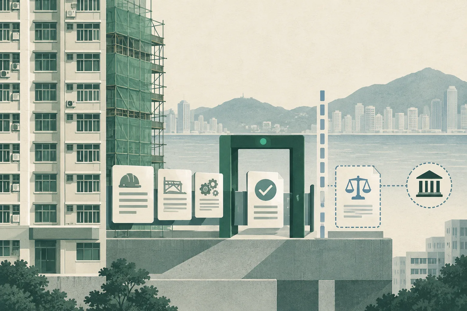 A simplified Hong Kong apartment facade with maintenance panels, tender documents and qualification cards moving through a geometric screening gate; a separate dashed boundary indicates that the legal threshold and institutional arrangements remain unresolved.