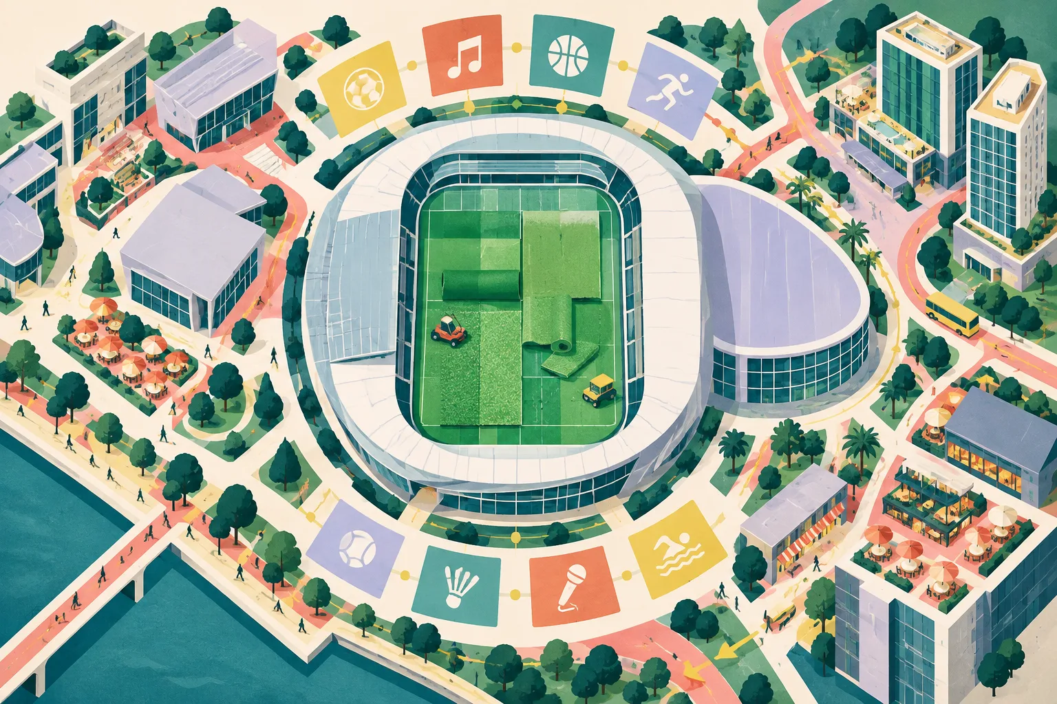 Top-down cut-paper illustration of a sports park with a green segmented pitch, surrounding venue, retail, dining and hotel blocks, and an abstract ring of event and maintenance markers.
