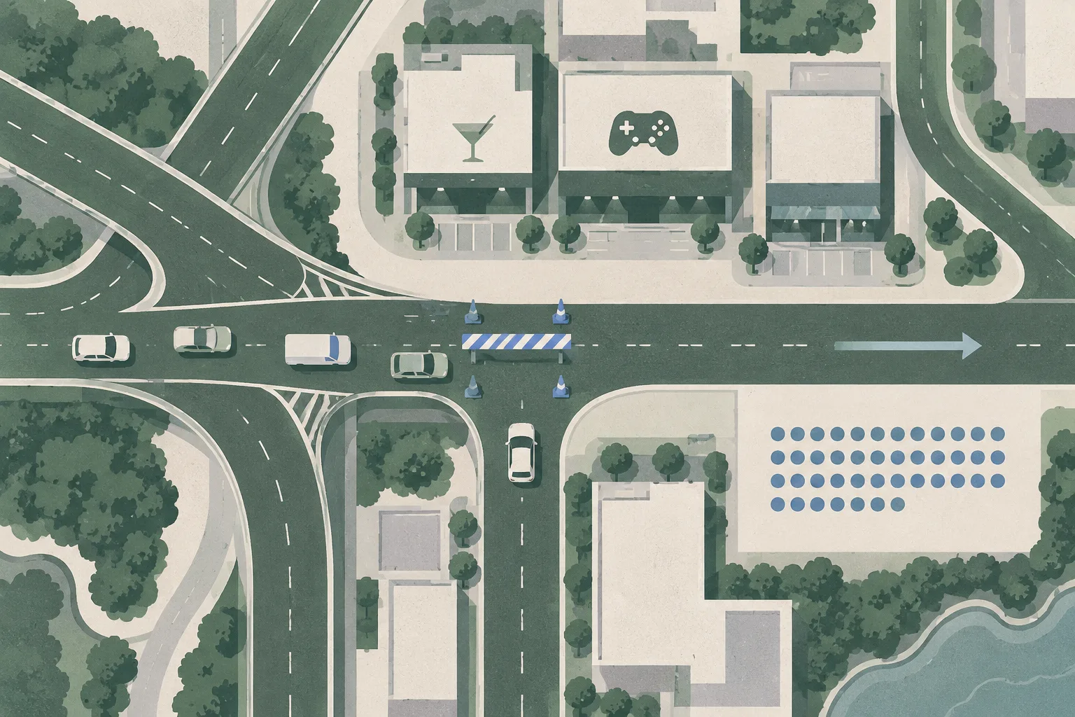 Top-down cut-paper diagram of branching roads with a temporary barrier across one route, small vehicle-check symbols, nearby simplified venue blocks and grouped tally marks.