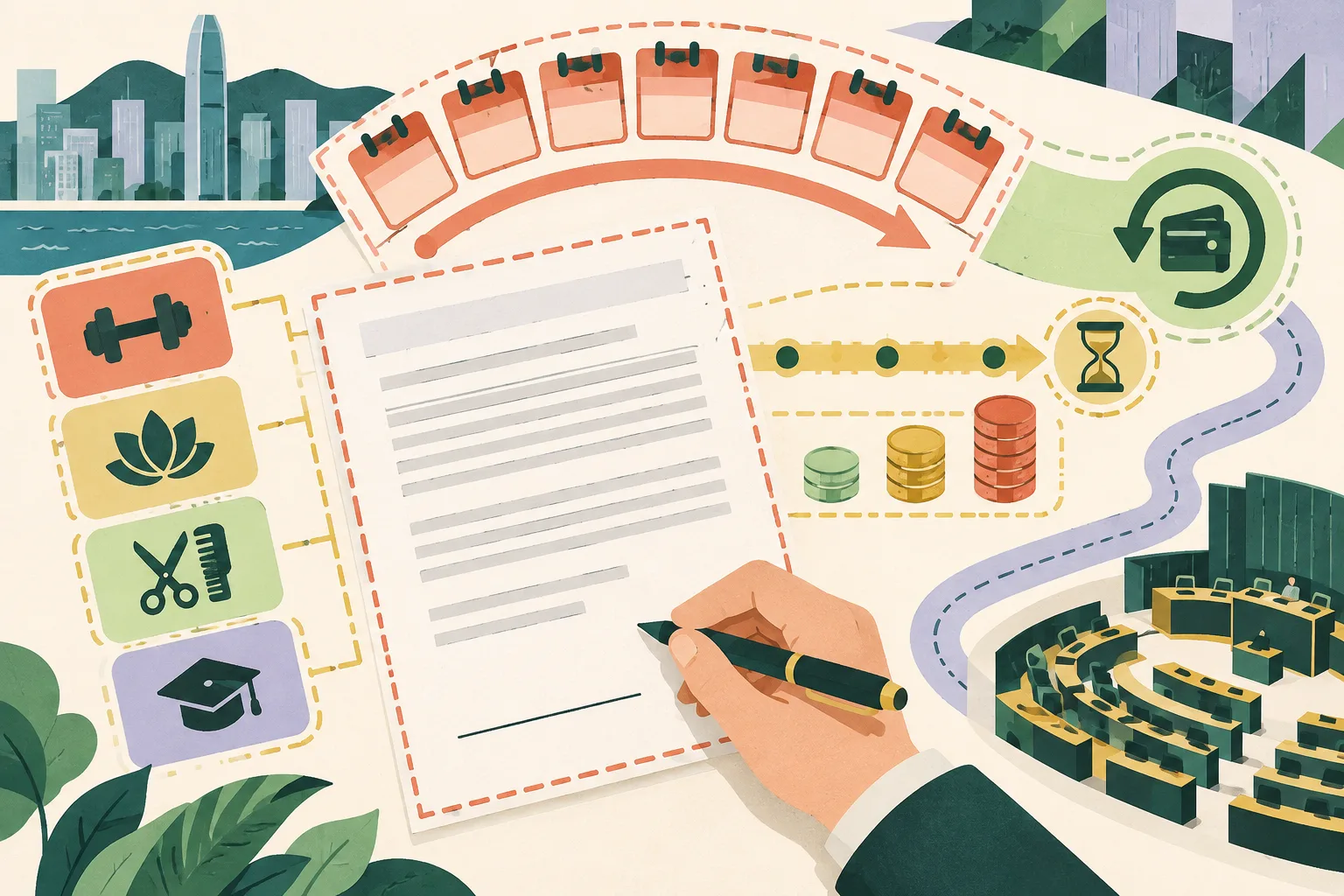 Top-down cut-paper illustration of an unsigned prepaid service contract beside a seven-part calendar arc, a separate refund arrow, threshold tiles and an open legislative process track, using coral, mineral blue, dusty teal and muted ochre on a light ground.