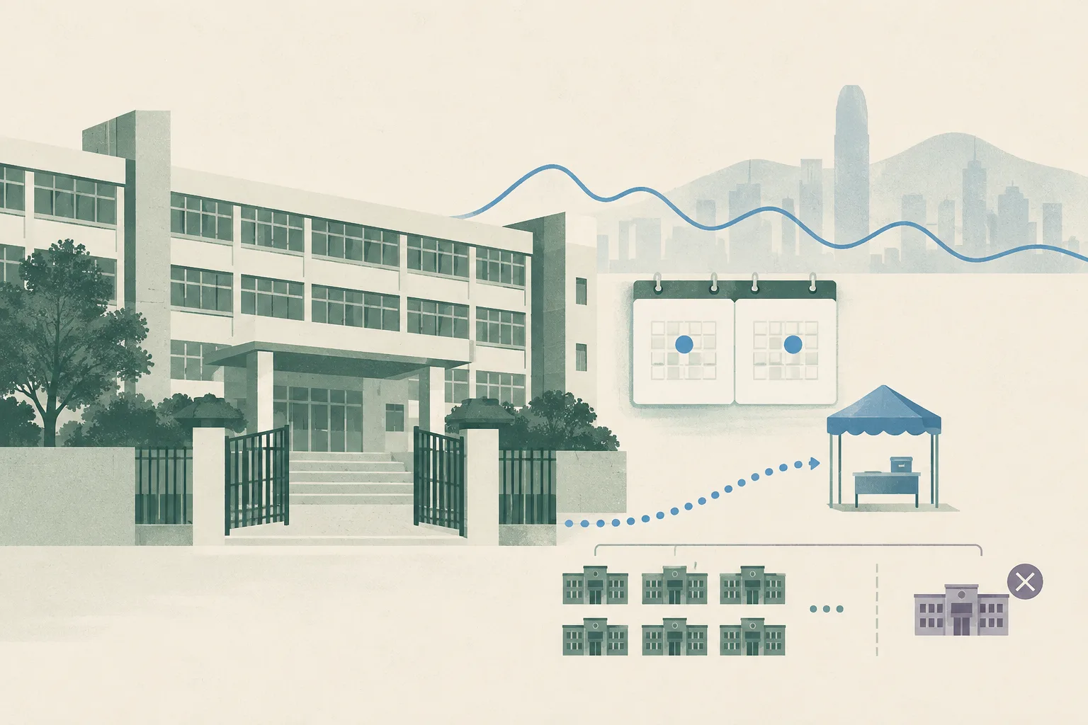 A flat cut-paper illustration of an empty Hong Kong school facade connected to an abstract vaccination outreach marker, with a September 17–18 calendar panel, a row of school doorways and a thin wave-like line indicating sustained activity.