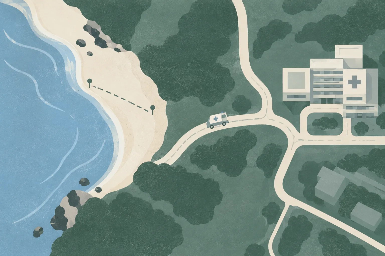 A simplified top-down illustration of a beach shoreline connected by an interrupted route to a small hospital block, with a generic ambulance shape along the route and a subtle investigation marker near the water.